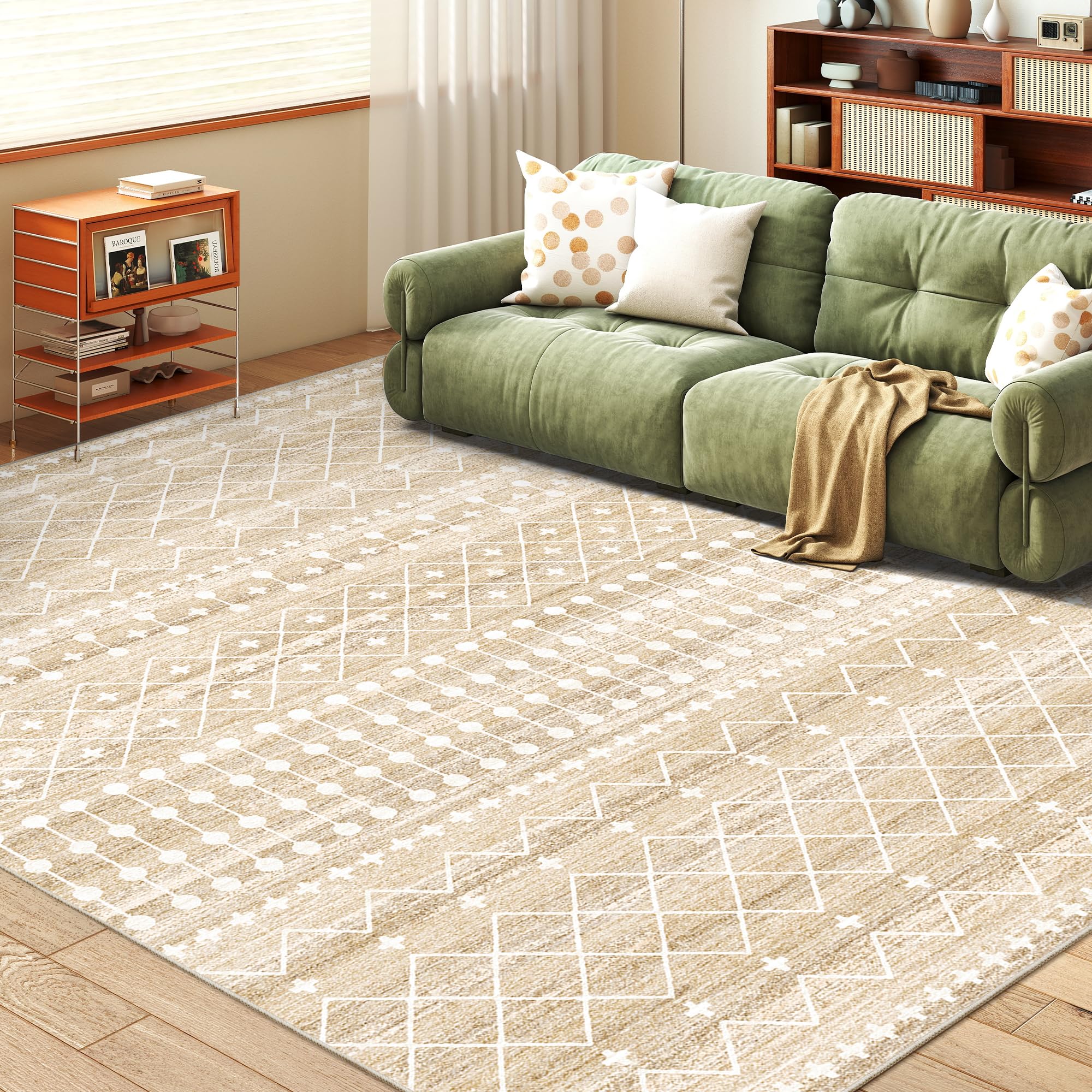 Photo 1 of Miukiki 6x9 Area Rug for Living Room Moroccan Washable Rugs Non Slip Indoor Floor Carpet Foldable Large Soft Area Rug for Dining Room Bedroom with Low Pile(Beige,6'x9')