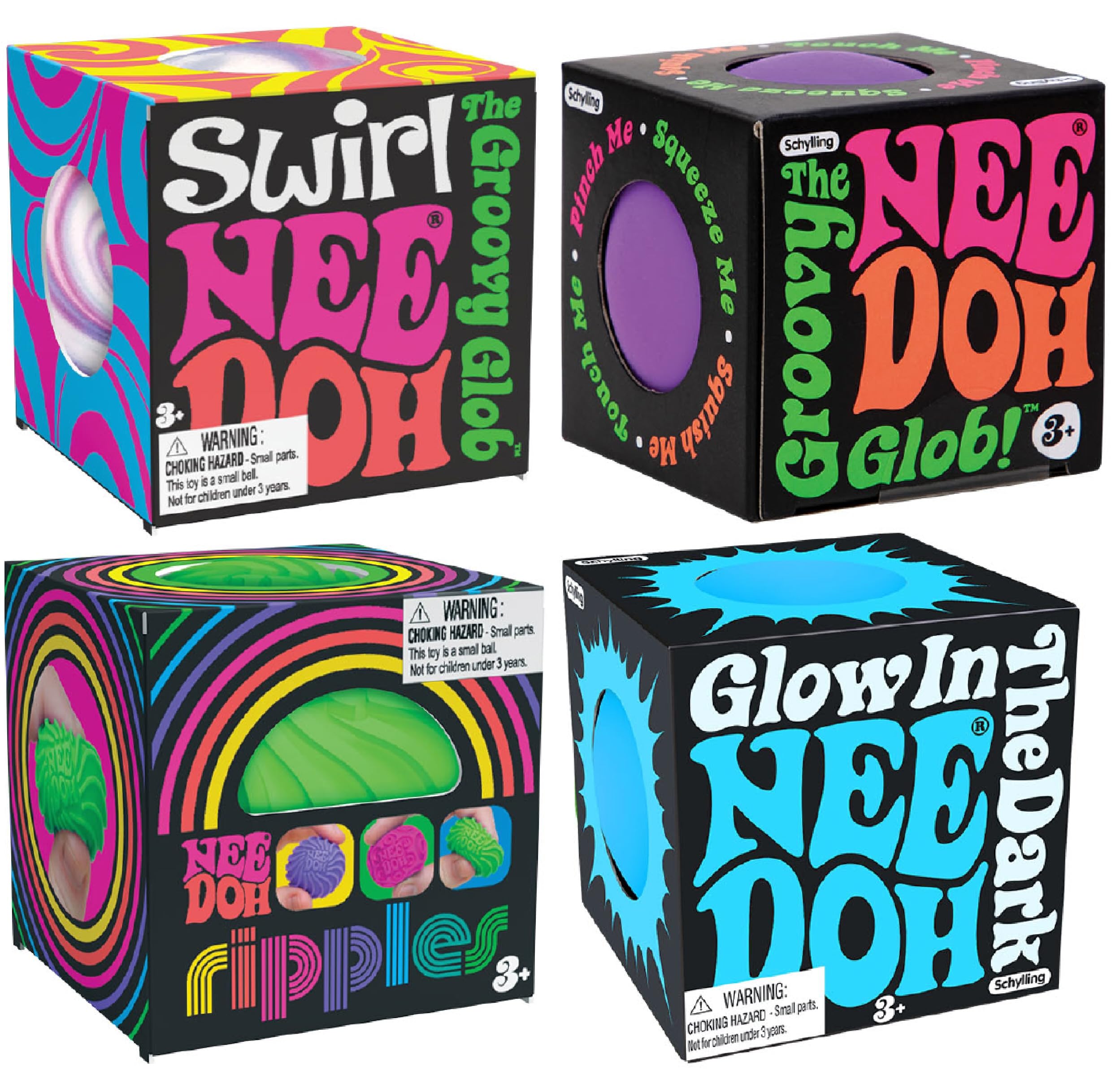 Nee Doh Teenies Ripples, Glow in The Dark, Swirl, and Original...Groovy Globs! Squishy, Squeezy, Popping, Stretchy Stress Fidget Balls Gift Set Party Bundle - 4 Pack (Asstorted Colors)