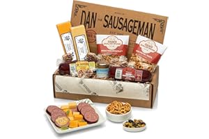 Dan the Sausageman Rainier Gourmet Gift Basket – Original & Jalapeno Summer Sausages, Sweet Hot Mustard, Pretzels, Almond Roca – 11-Items Holiday Snack Box