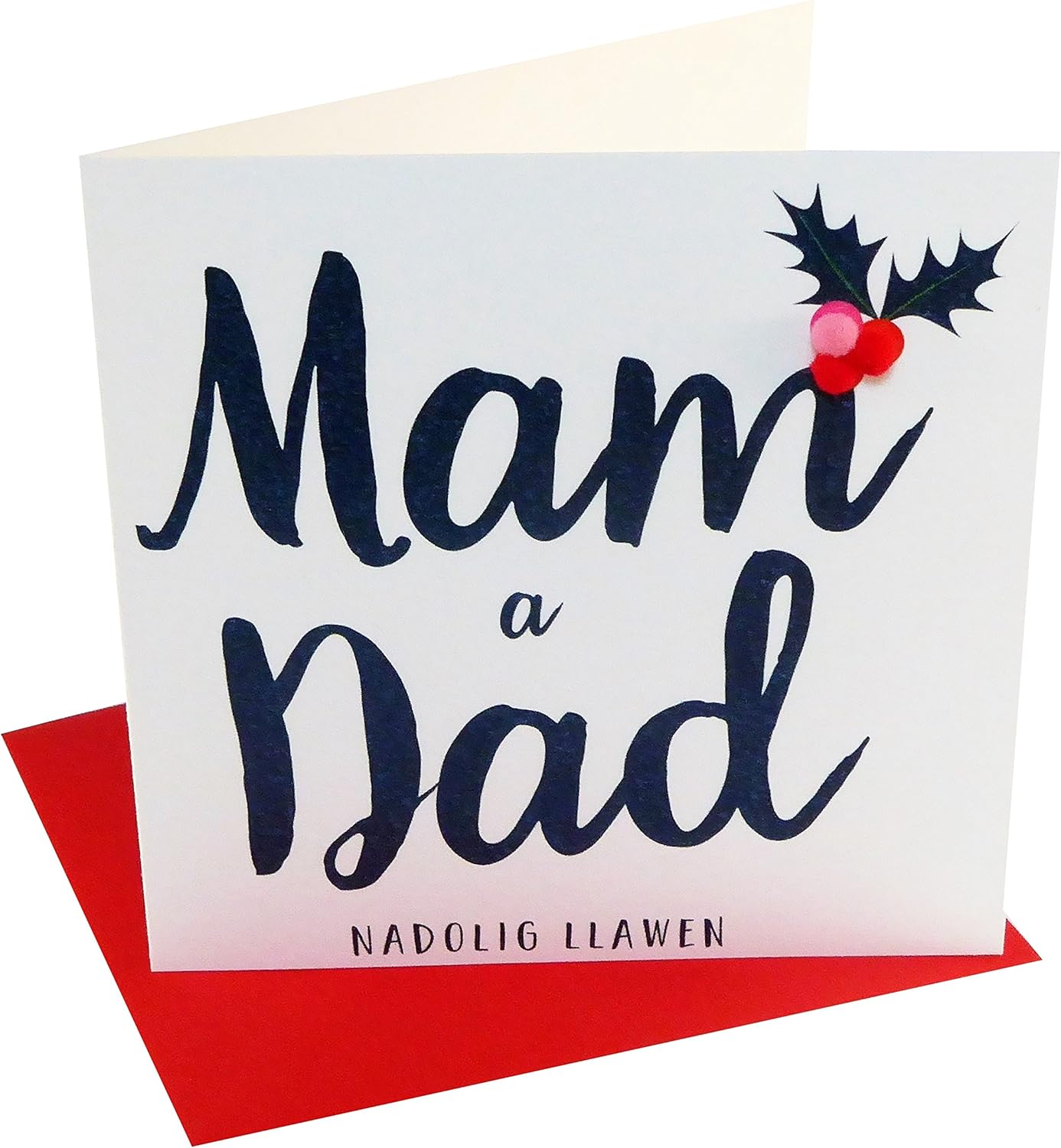 Claire Giles Greeting Cards, Welsh Happy Christmas Mum and Dad Card, Nadolig Llawen Mam a Dad, Embellished with Colourful Pompoms