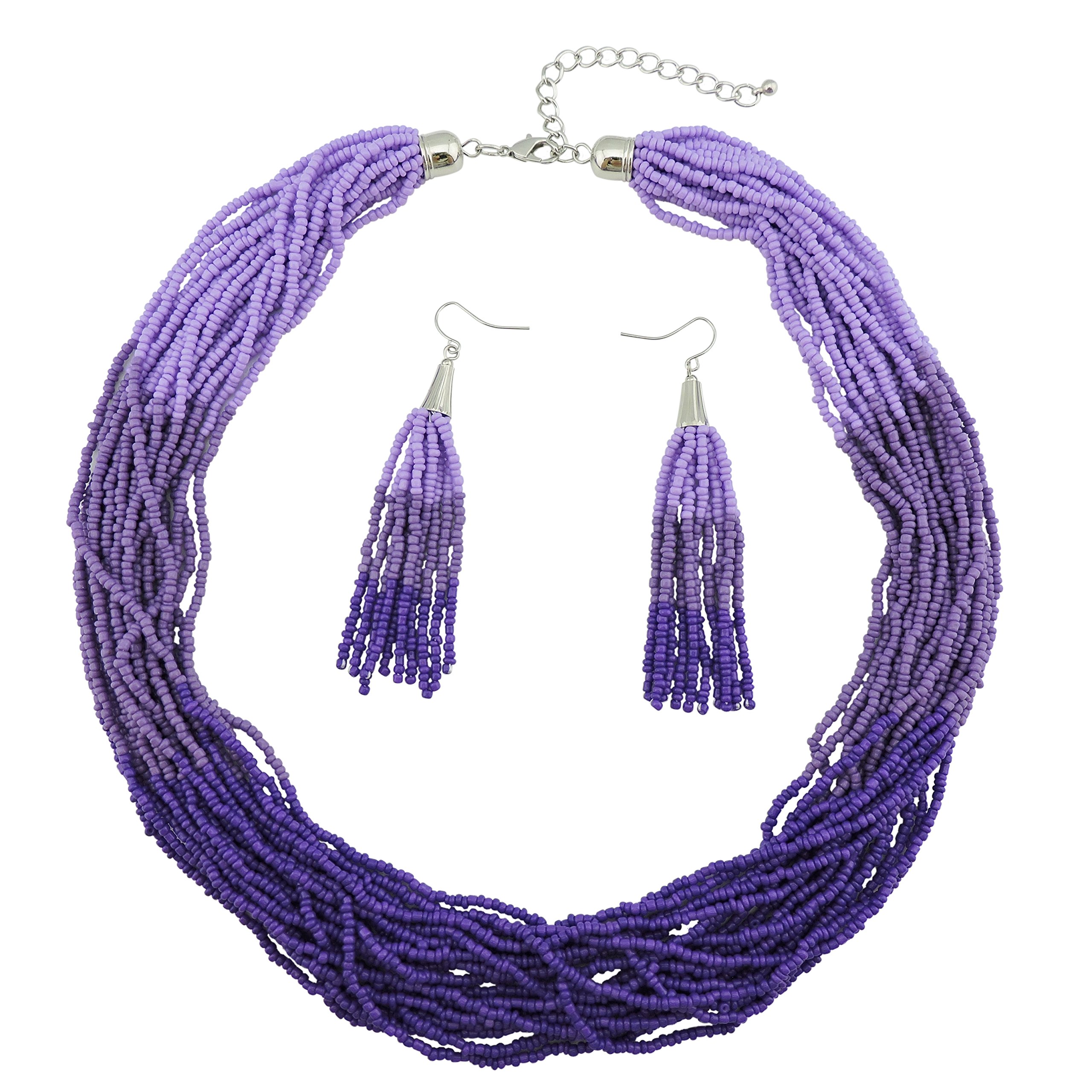 Bocar Chunky Bohemian Layered Seed Bead Necklace and Earring Set for Women Purple Handmade Bib Jewellery for Party Gift (NK-10459-Purple)
