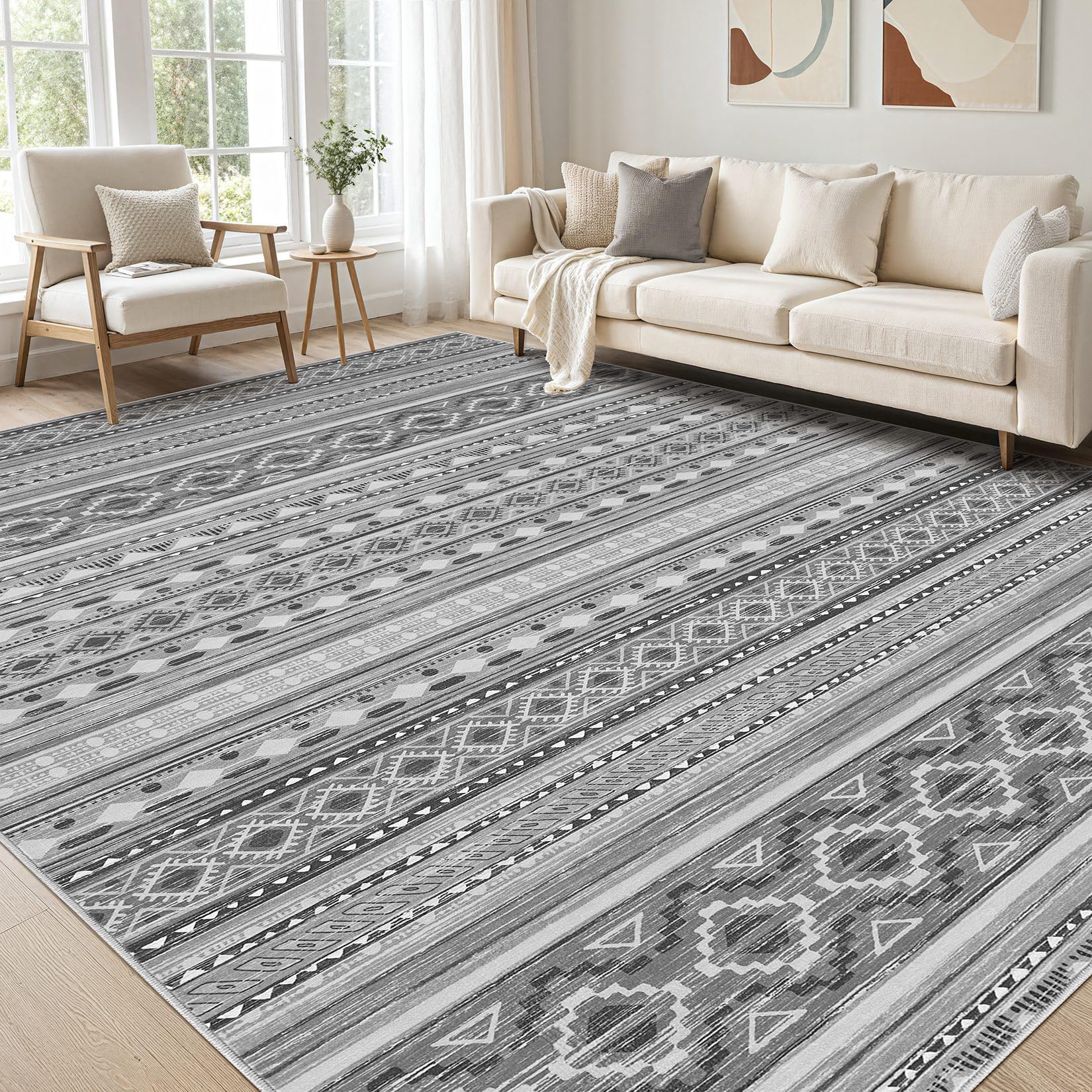 Photo 1 of cotiled Area Rugs for Living Room Washable Living Room Rug Soft Neutral Indoor Floor Carpet Non-Slip Stain Resistant Modern Boho Rugs for Bedroom Dining Room Kids Room Nursery Office Home Grey/Beige