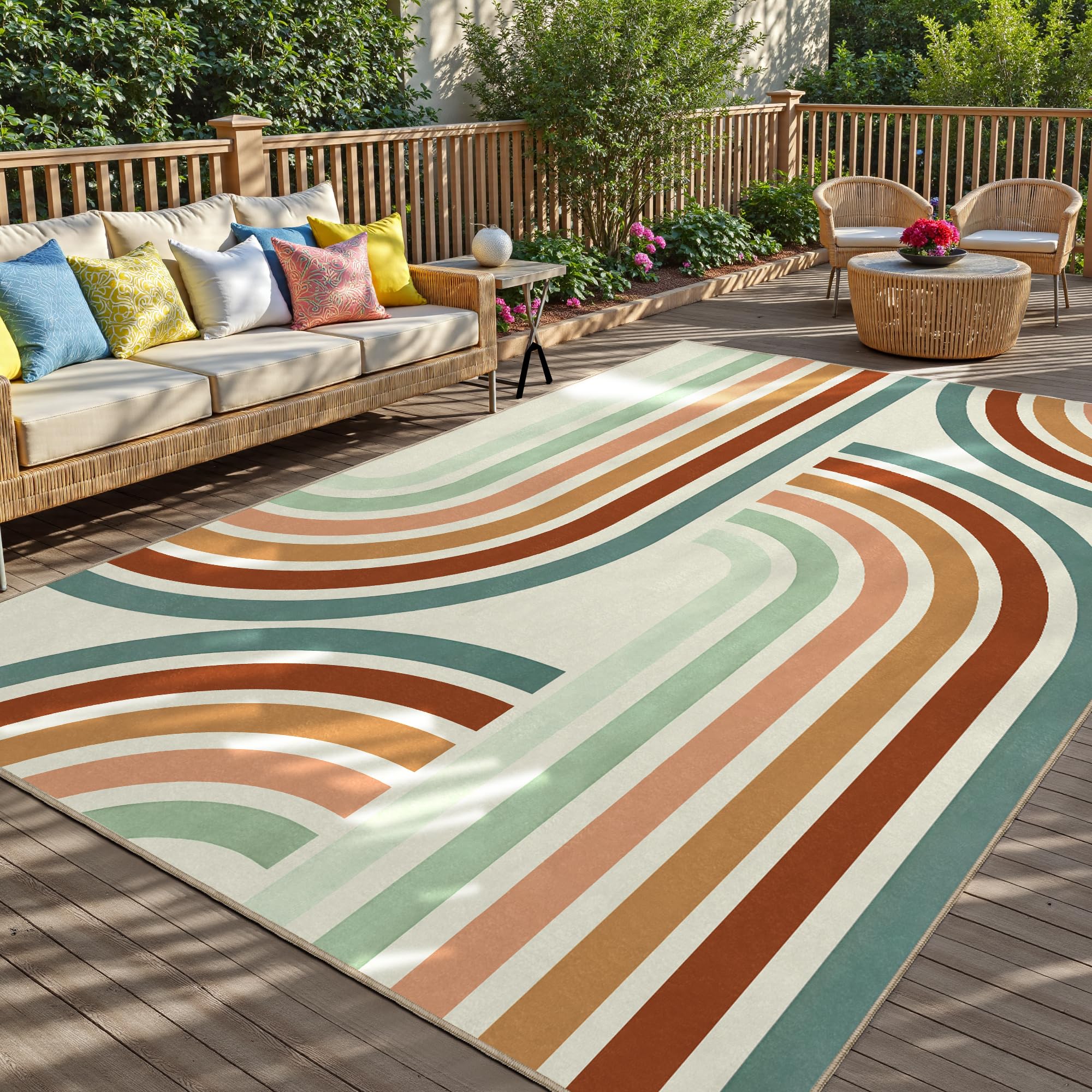 Photo 1 of Indoor Outdoor Area Rug, Mid Century Modern Multicolored Outdoor Patio Rug,Washable Abstract Art Rainbow Rugs Non-Slip Carpet for Camping, Bedroom, Deck(8x10)