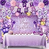 Purple Birthday Decorations for Women Girls Purple Party Decorations with Purple Balloon Arch Sash Banner Backdrop Tablecloth Cake Topper