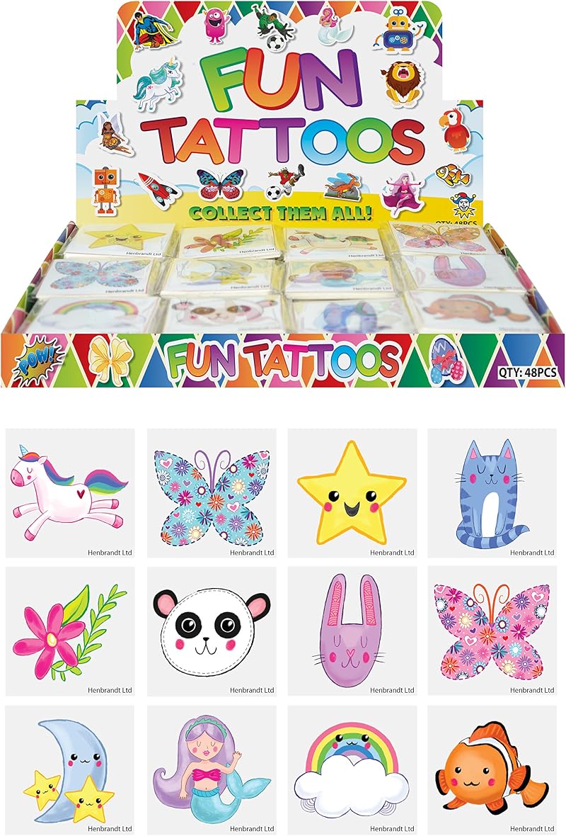 Henbrandt 24 x Cute Temporary Tattoos Children's Birthday Loot Party Bag Fillers