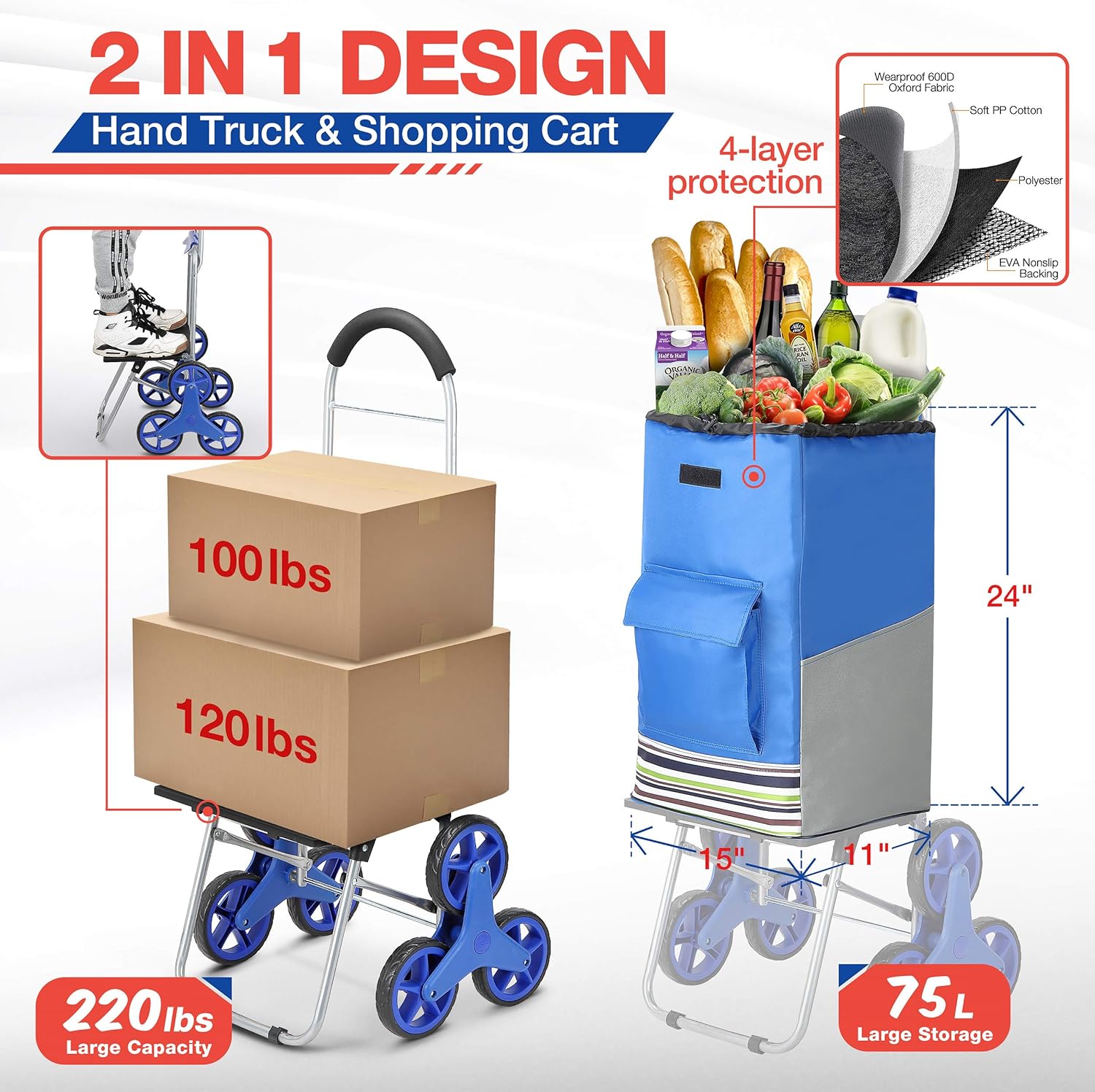 Shopping Cart, Super Loading Stair Climber Cart 220 lbs Capacity Grocery Foldable Cart with Extra Large Shopping Bag Laundry Utility Cart with Adjustable Bungee Cord: Kitchen & Dining