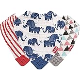 Nuby Reversible 100% Natural Cotton Muslin 3 Piece Teething Bib, Grey/Red/Blue, Arrows/Red Stripes/Elephants