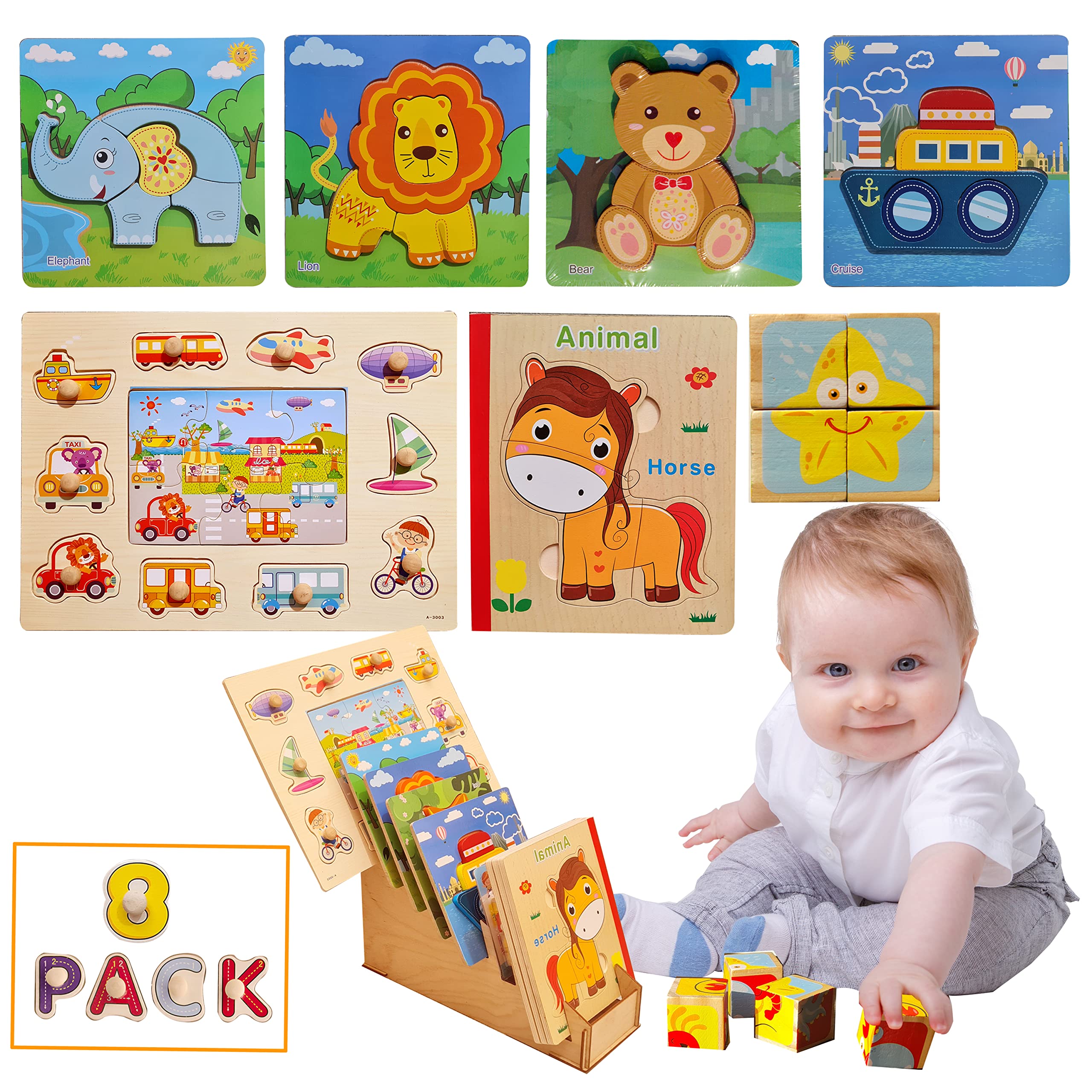 Shadzi Wooden Puzzles for Toddlers with Organizer Holder 1 to 3 Girls Boys| Educational Toys and Games Montessori for Kids 8 in 1 | 12-18 Months Baby