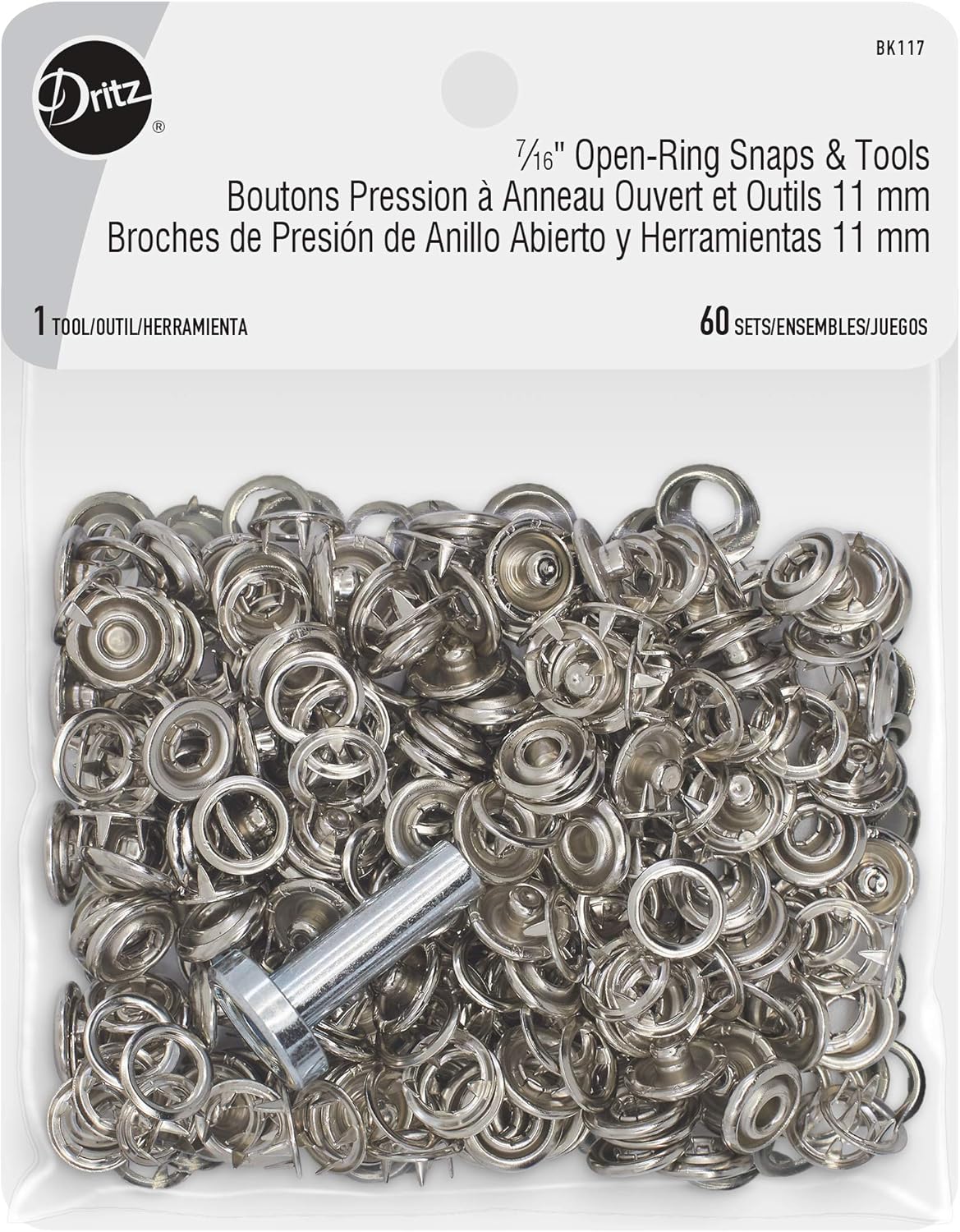 Dritz Snap 2 Open Ring Sides Size 16 Nickel Includes Snaps & Tool Fasteners, 7/16", 60 Sets