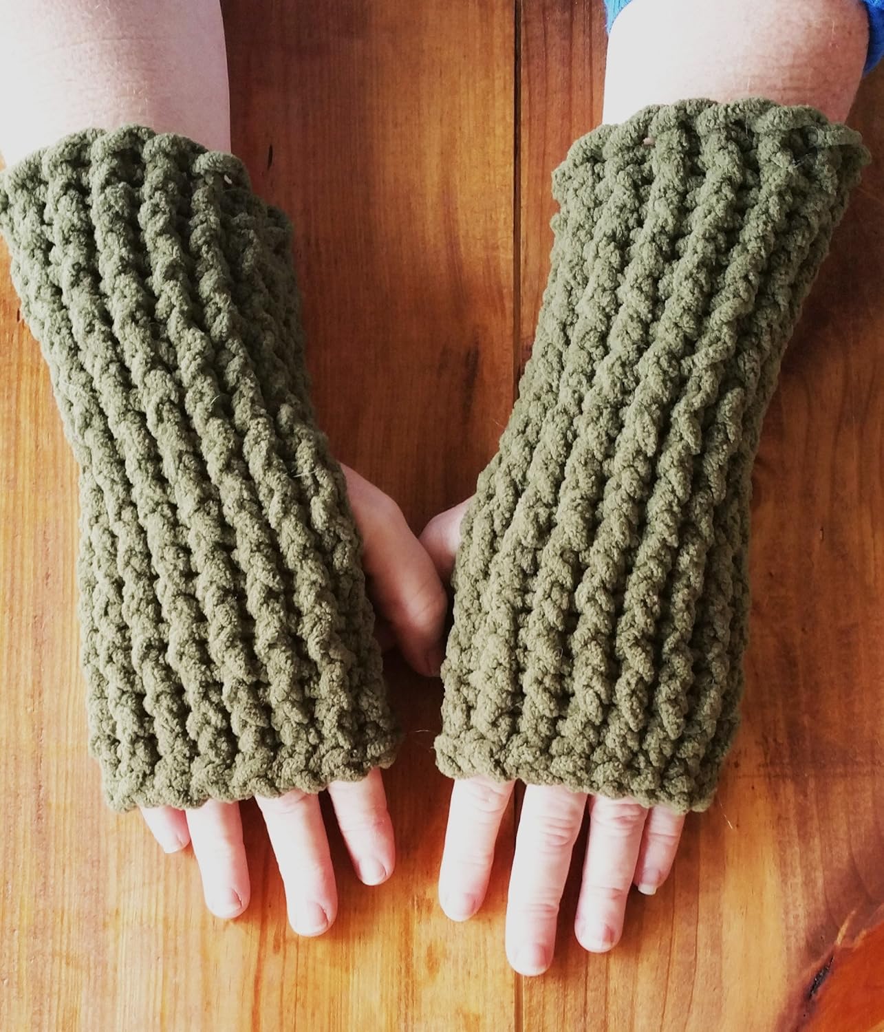 Hand Knitted Chunky Olive Fingerless Gloves Handmade