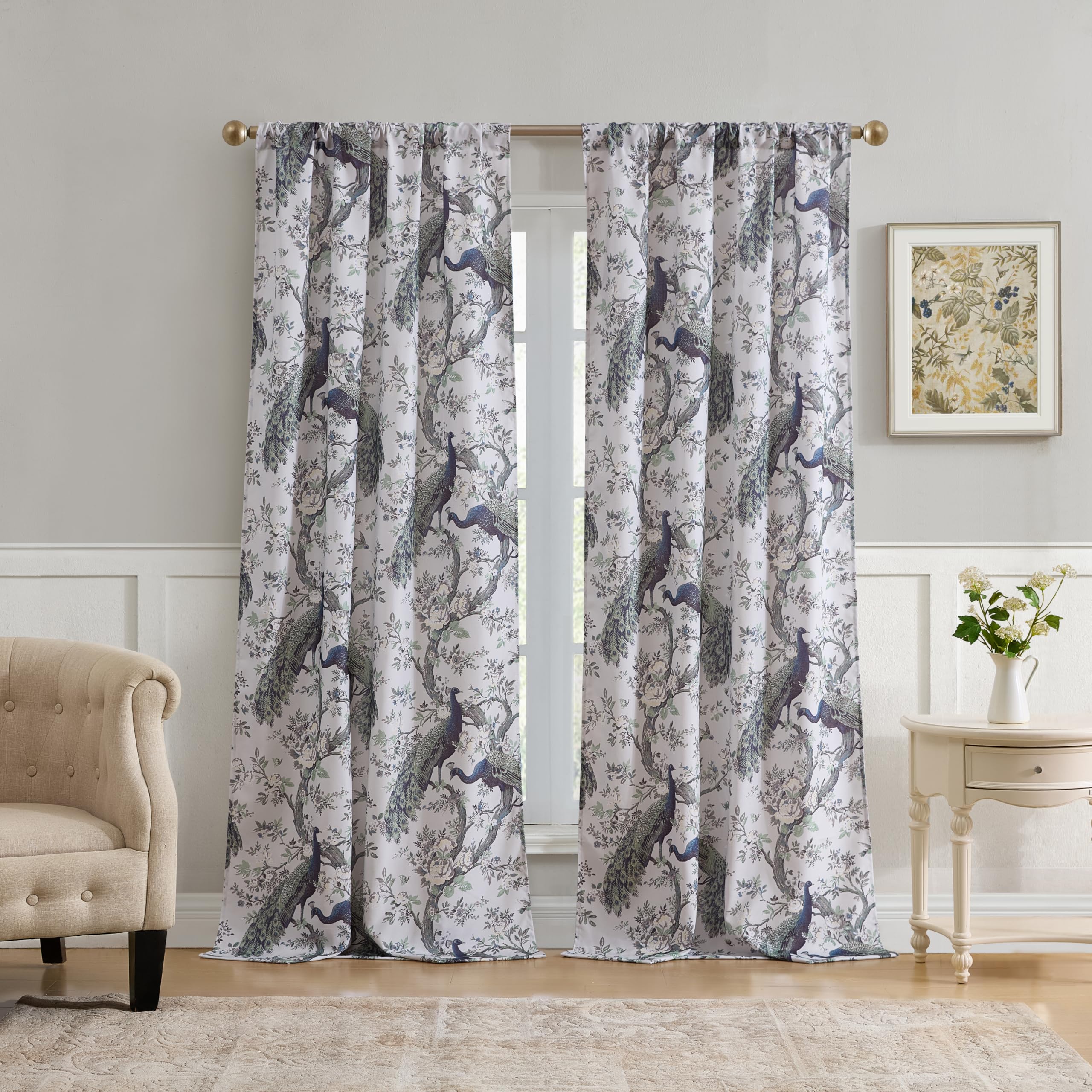 Laura Ashley Belvedere Window Curtains with Rod Pocket, 84-inch Length, 2 Panels Set, Canvas Light Filtering, Peacock