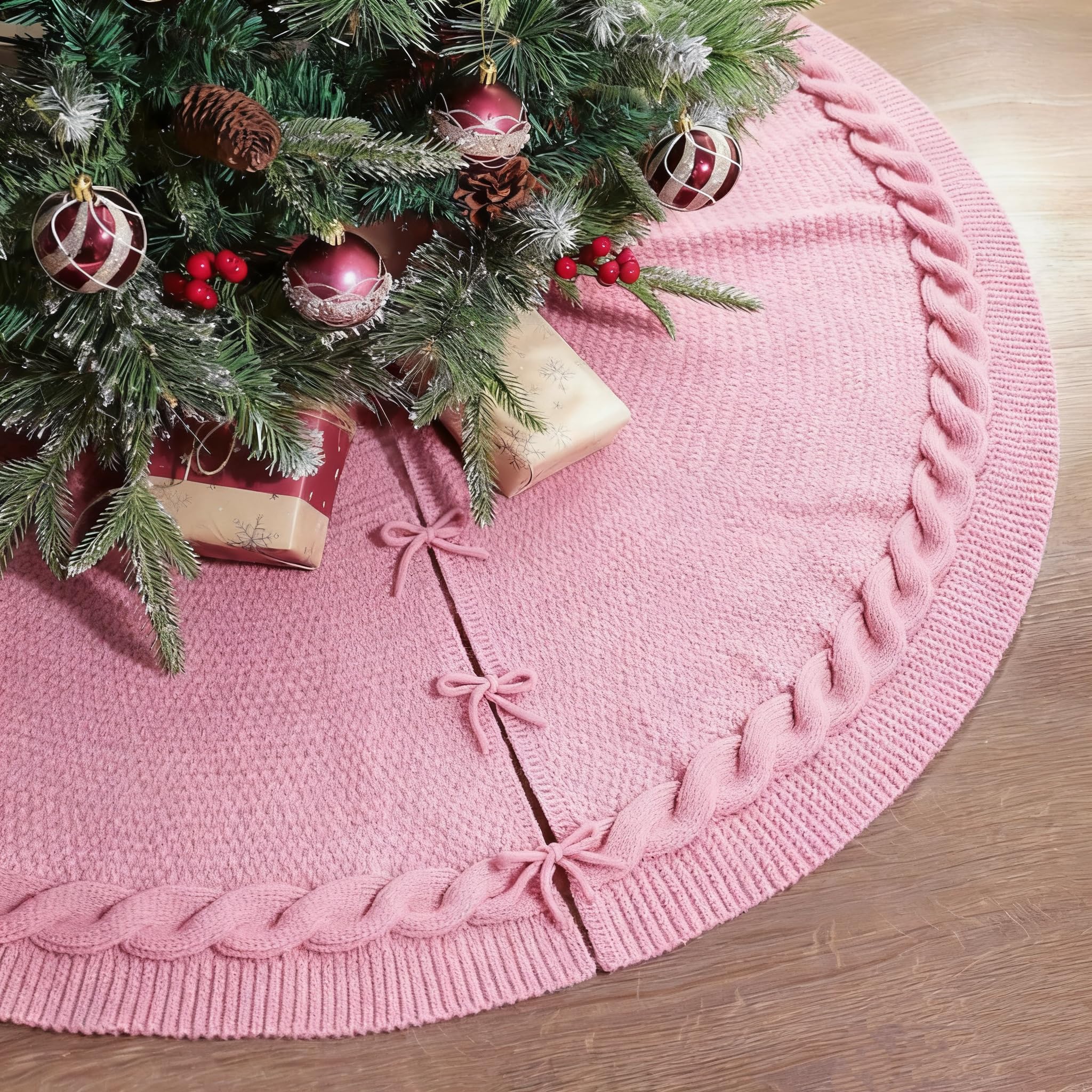 Photo 1 of 36 Inch Christmas Tree Skirt, Chunky Rustic Twisted Woven Round Tree Skirt with Tie Closure for Family Gatherings, Holiday Parties, Christmas Decorations (Pink)