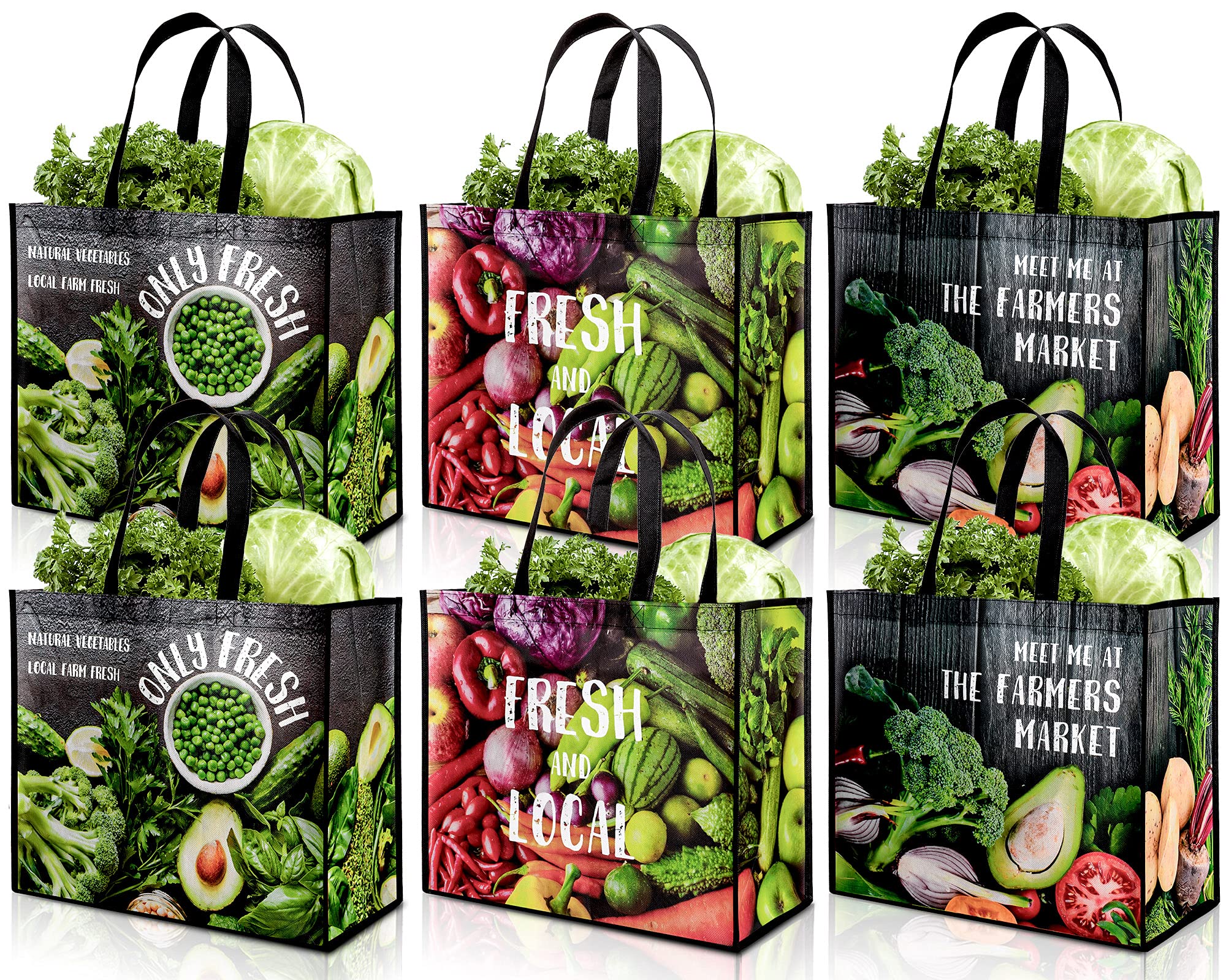 Whaline 12 Pack Extra Large Reusable Grocery Shopping Bags Vegetable Pattern Bags with Handles Extremely Durable Waterproof Foldable Totes Food Storage Farmer Market Bag