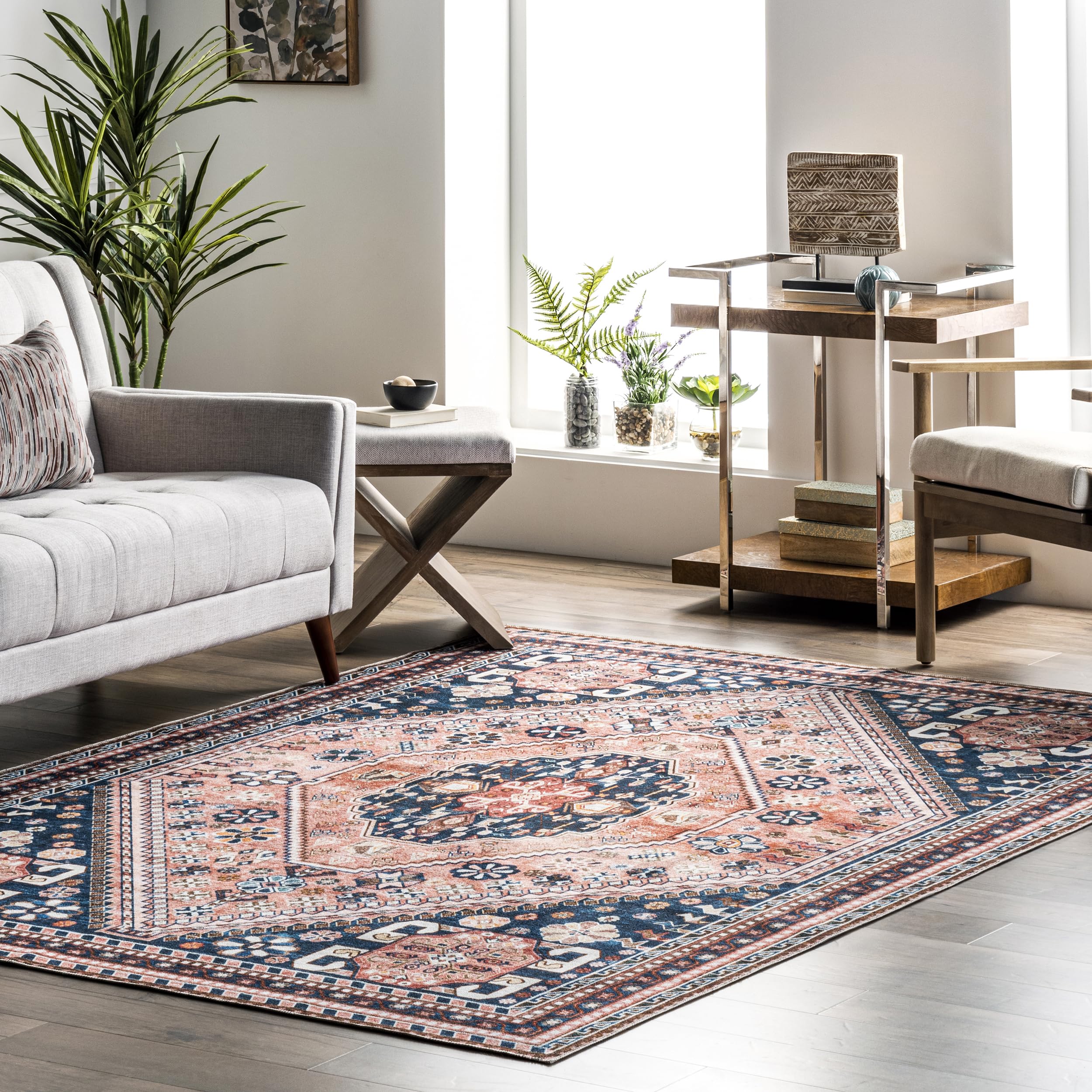nuLOOM Nevaeh Machine Washable Bohemian Medallion Area Rug, 5' x 8', Blue