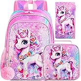 UFNDC 3PCS Backpack for Girls with Lunch Box,16”Kids Sequin Bookbag with Lunch Box, School Bag for Elementary Toddler