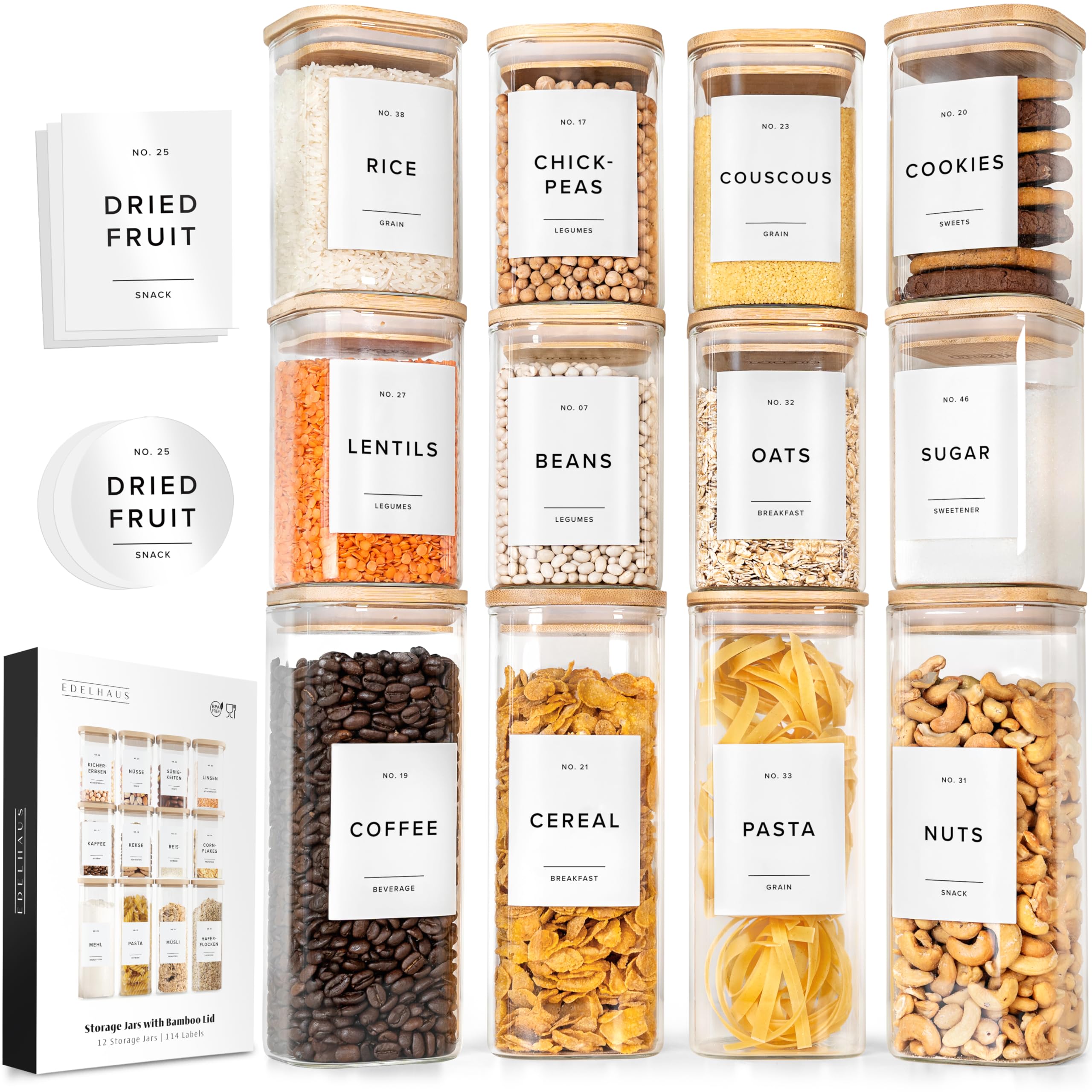 Photo 1 of Square Glass Storage Containers with Bamboo Lids 12-Pack (4x 30 oz, 8x 17 oz) Airtight Storage Jars with Lids for Food, Stackable Kitchen Canisters with 114 Labels for Pantry [Thicker Glass 3mm]