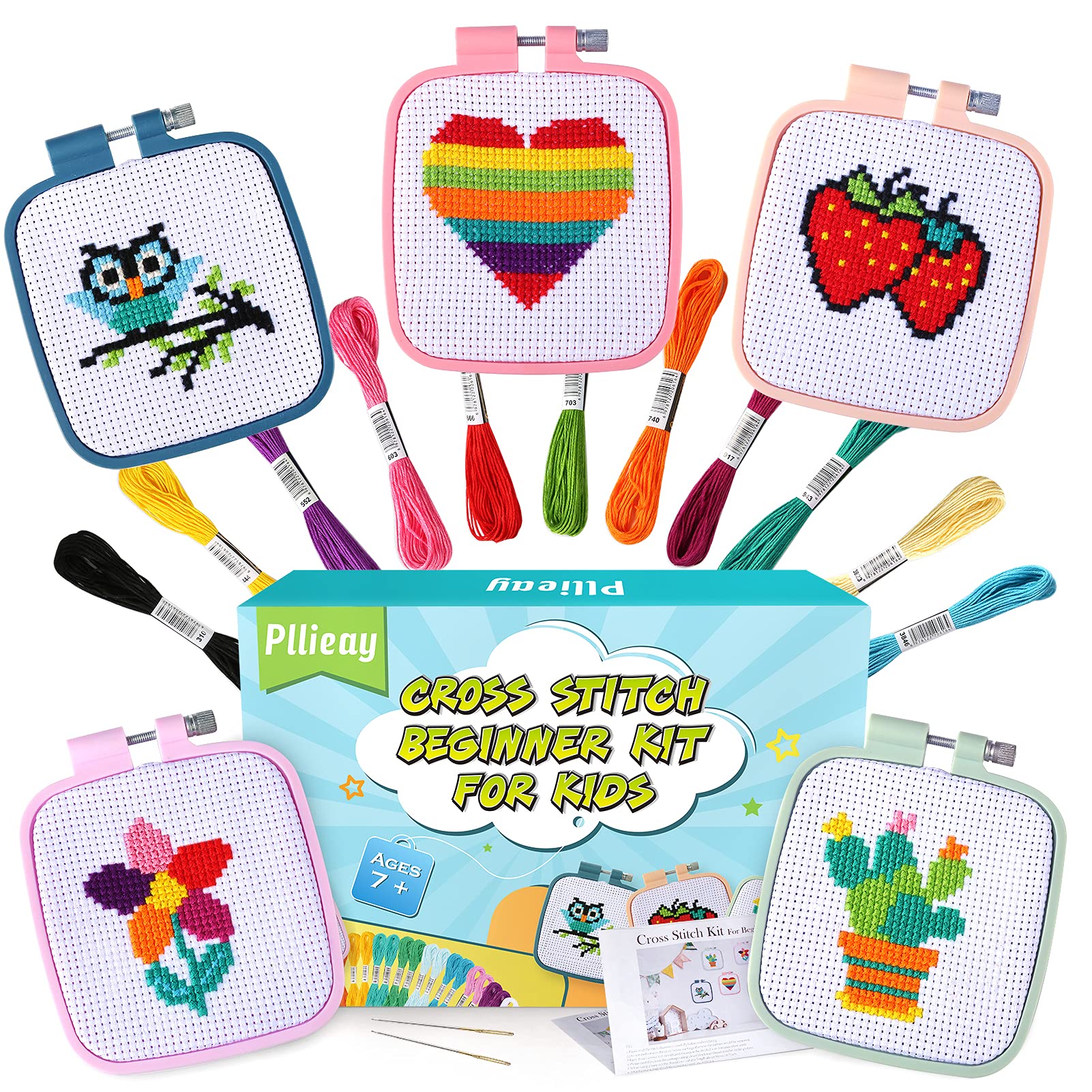 Pllieay 5PCS Cross Stitch Kits for Kids 7-13, Includes 5 Project Patterned and 5pcs Square Embroidery Hoops, 11 Skeins, Needle Point Starter Kit Sewing Set with Instructions
