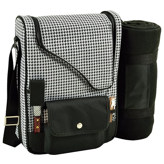 Picnic at Ascot - Wine Carrier Deluxe with Glass Wine Glasses, Blanket, Accessories for Two, Houndstooth