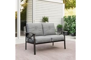 RoyalCraft Patio Loveseat, All-Weather Outdoor 2 Seats Sofa Couch,Khaki Metal Furniture with Gray Cushions