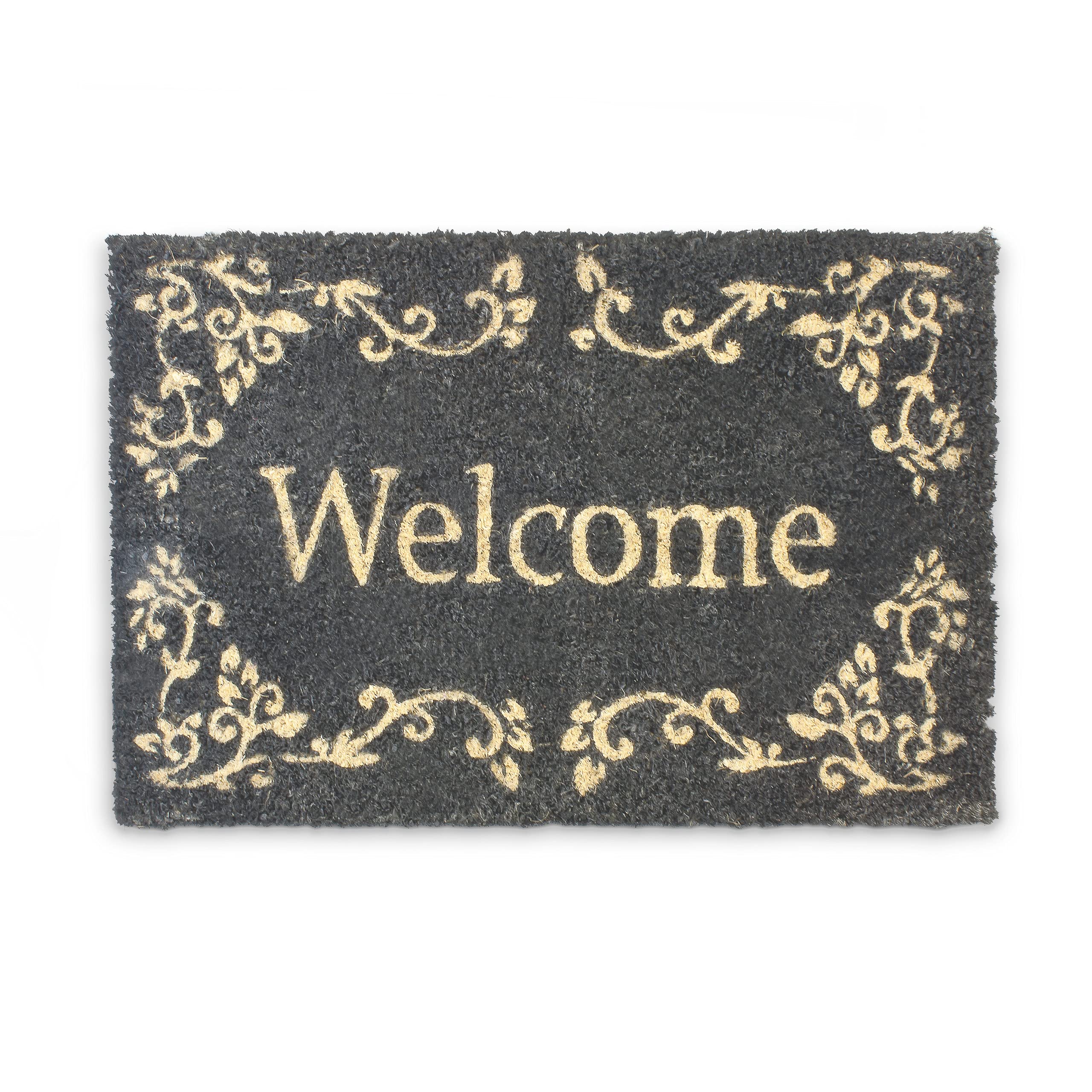 Relaxdays Coconut Fibre WELCOME Doormat 40 x 60 cm Coir Welcome Mat with No-Slip Rubber PVC Underside, Black