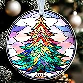 GoGi93Art Christmas Tree Ornament 2025 - Colorful Stained Glass Acrylic Round Decoration with Rainbow Holiday Pine Design - Gift for Xmas Tree and Home Decor