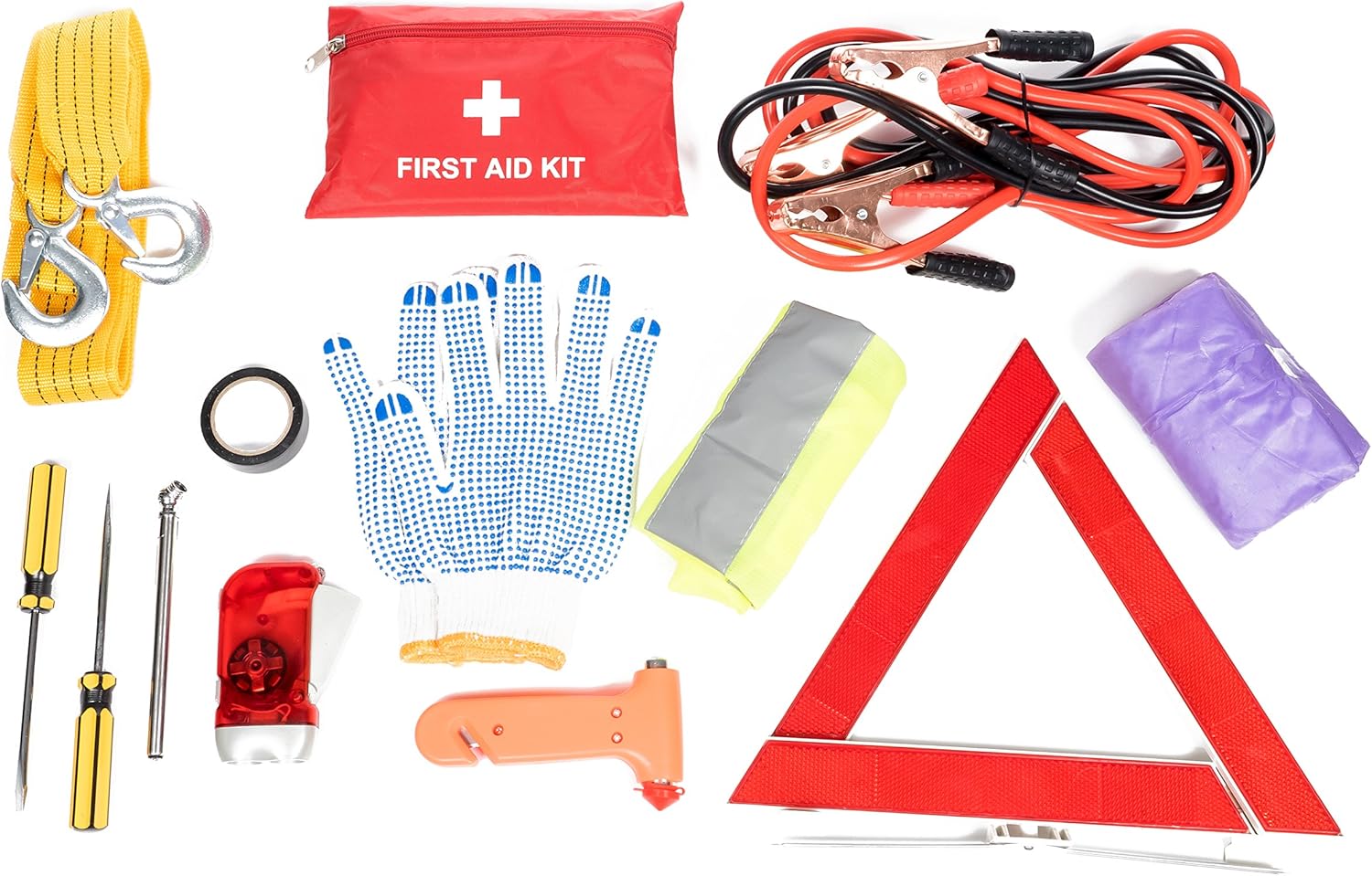 Roadside Assistance Emergency Car Kit - First Aid Kit, Jumper Cables, Tow Strap, led Flash Light, Rain Coat, Tire Pressure Gauge, Safety Vest and More Ideal Winter Accessory for your Car, Truck or SUV: Automotive
