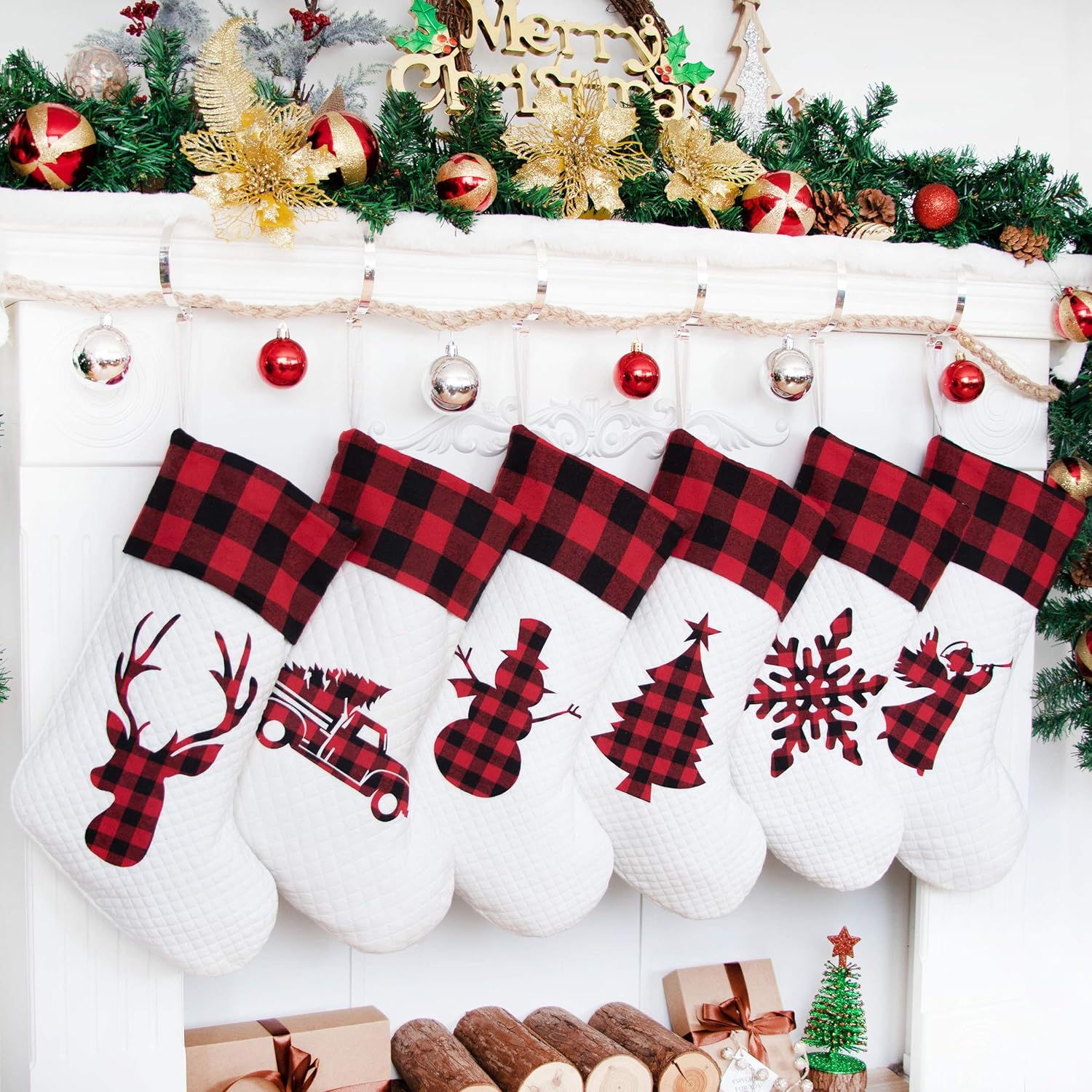 Stockings & Holders - LUBOT Set of 6 Christmas Stocking(20inch) Silhouette Buffalo Red Plaid/Rustic/Farmhouse/Country Cotton Fireplace Hanging Xmas Stockings Decorations for Family Holiday Season Decor