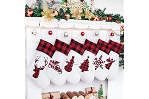 LUBOT Set of 6 Christmas Stocking(20inch) Silhouette Buffalo Red Plaid/Rustic/Farmhouse/Country Cotton Fireplace Hanging Xmas Stockings Decorations for Family Holiday Season Decor