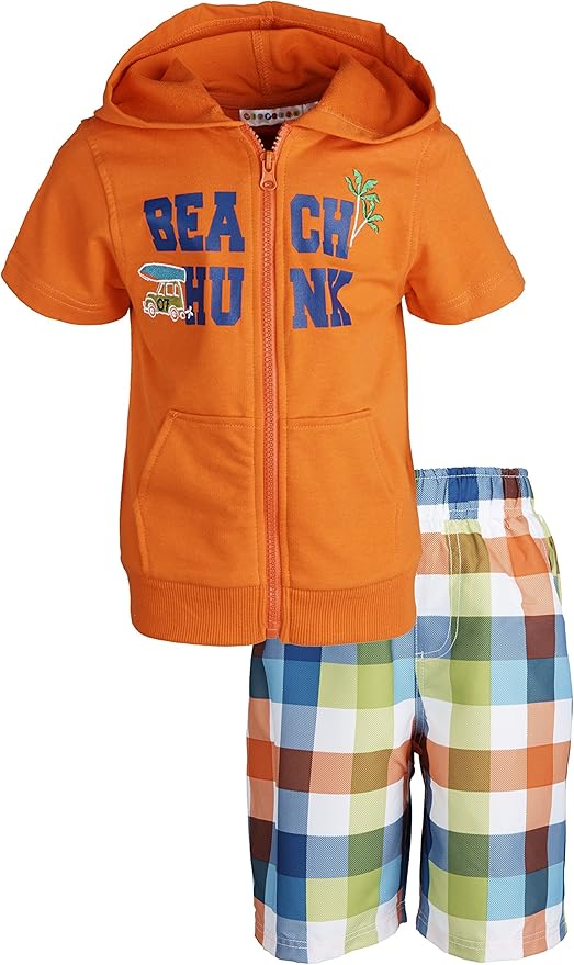 Wippette Baby Boys Printed Plaid Swim Trunk and Hooded Knit