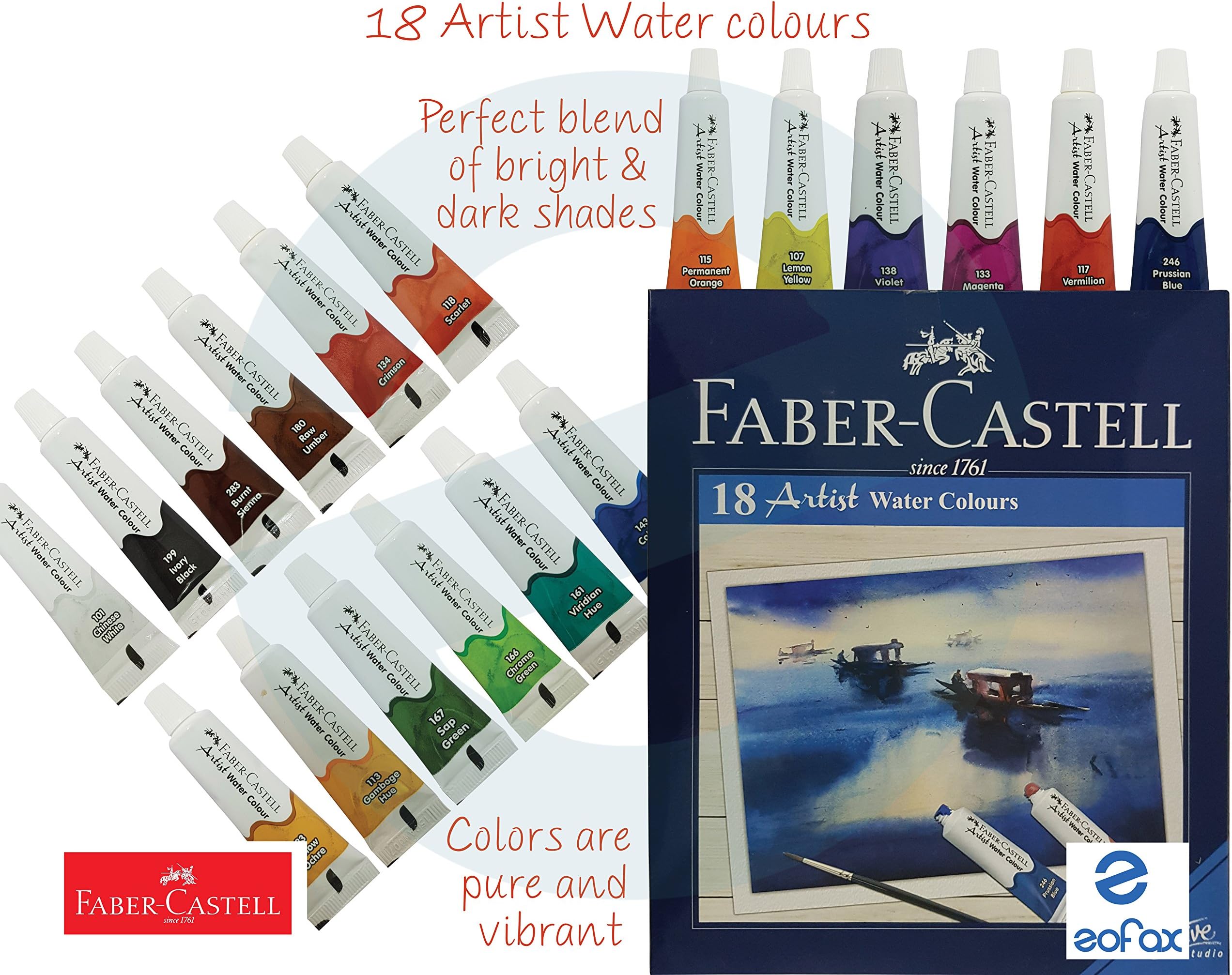 FABER CASTELL - 18 x 5ml Artist Water Assorted Colour Tubes Colouring Painting