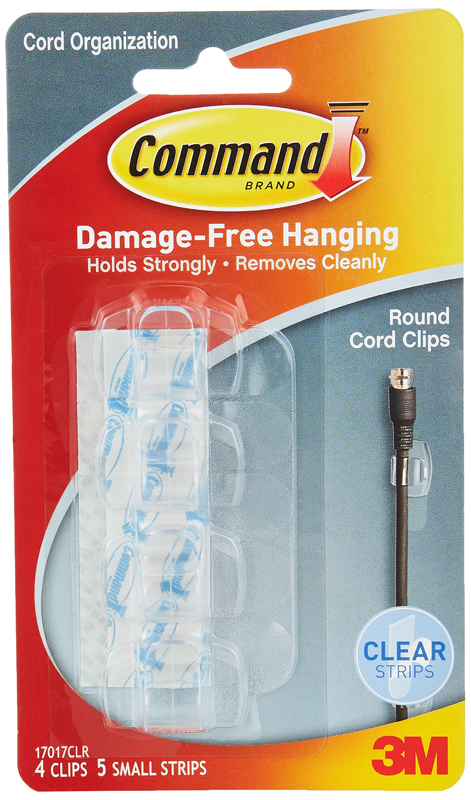 Command Round Cord Small Hanging Clips Clear color, 4 hooks +5 strips/pack | Holds 225 gr. each clip | Organize | Decoration | No Tools | Holds Strongly | Damage-Free Hanging