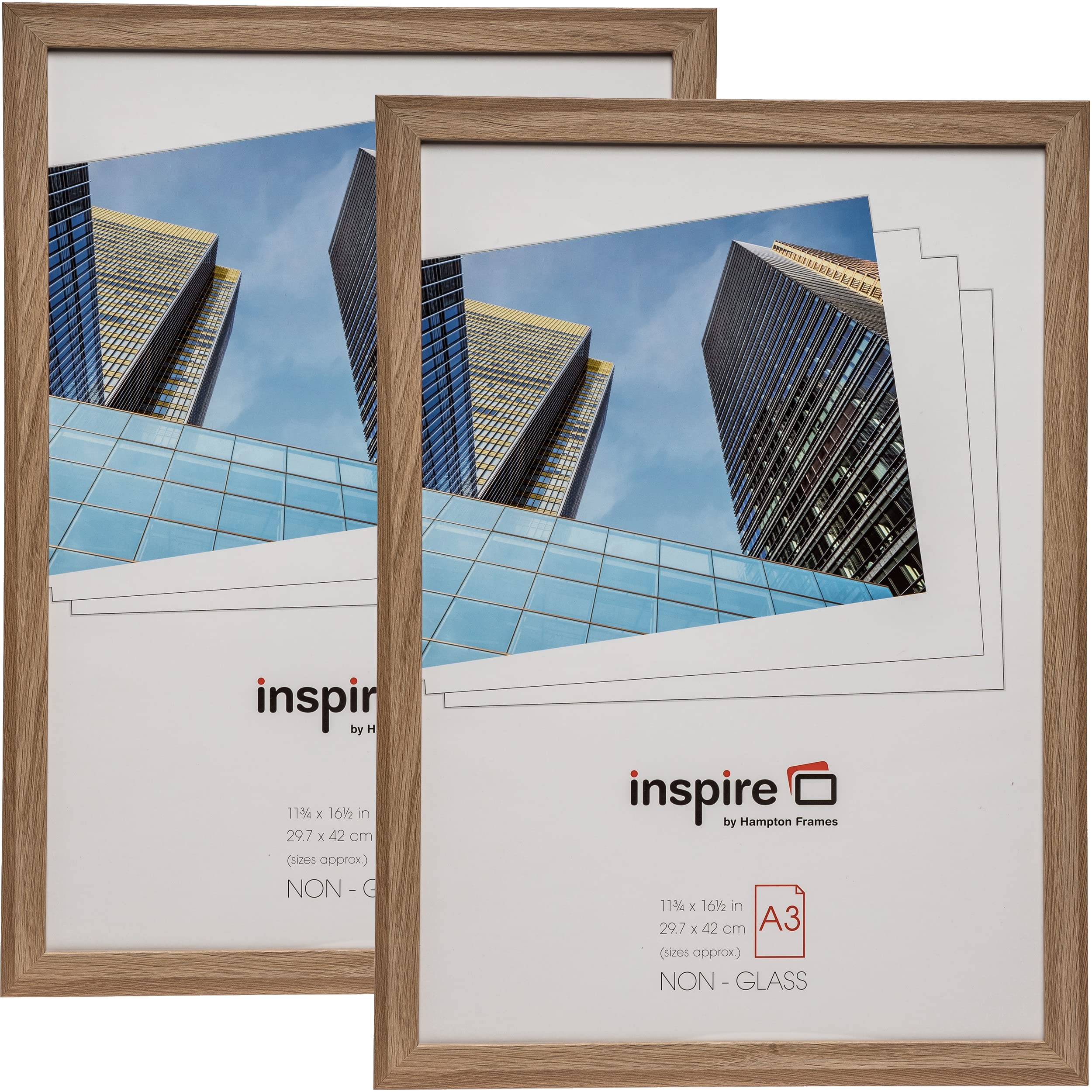 Hampton Frames SORBONNE A3 Picture Frame | 30x42cm Oak Effect MDF, Acrylic Front, 2 Pack | Wall Mount, Portrait or Landscape | Display Photos, Posters, Certificates