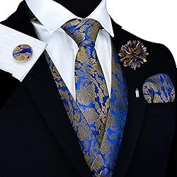 GUSLESON Mens Gold Blue Floral Suit Vest Tie and