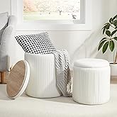 Royal Windsor Round Ottoman with Storage Set of 2,Vanity Stool with Storage for Bedroom, Ottoman Coffee Table,Small Velvet Foot Stool for Living Room, White