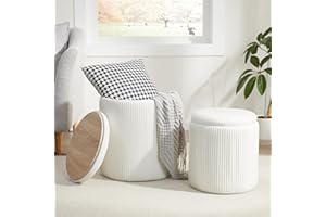 Royal Windsor Round Ottoman with Storage Set of 2,Vanity Stool with Storage for Bedroom, Ottoman Coffee Table,Small Velvet Foot Stool for Living Room, White