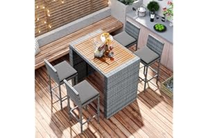 EPOFIT 5 Pieces Wicker Outdoor Bar Set, Patio Bar Set with 4 Cushion Stools & Acacia Wood Top Table, High Top Outdoor Table and Chairs for Backyard, Garden, Poolside (Grey)