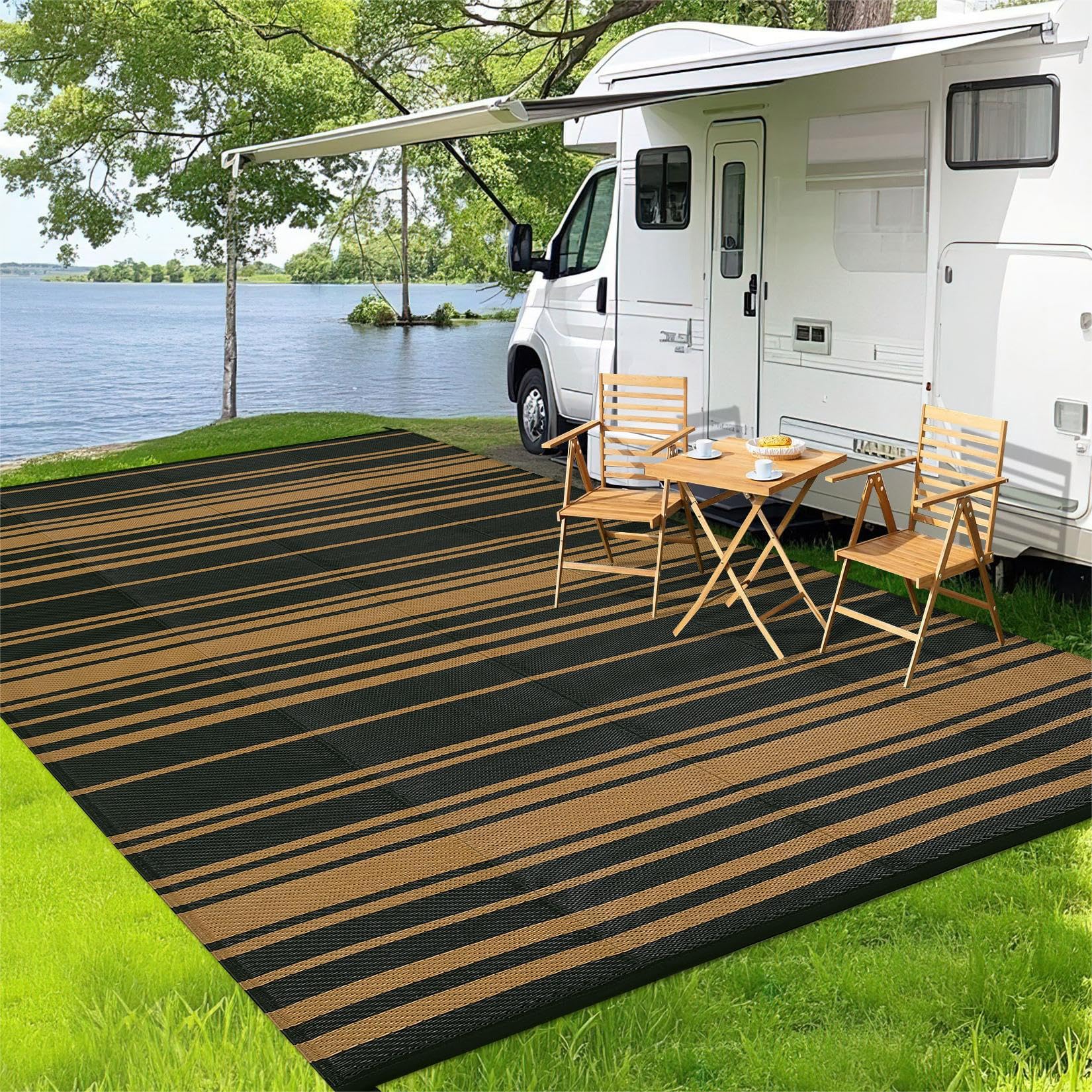 Photo 1 of **reference imageWaterproof Outdoor Rug 8x10 Contemporary Reversible Plastic Straw Rug, Easy Cleaning Striped Patio Carpet, UV-Resistant Indoor Outdoor Floor Cover for RV, Porch, Deck, Backyard, Black Brown
