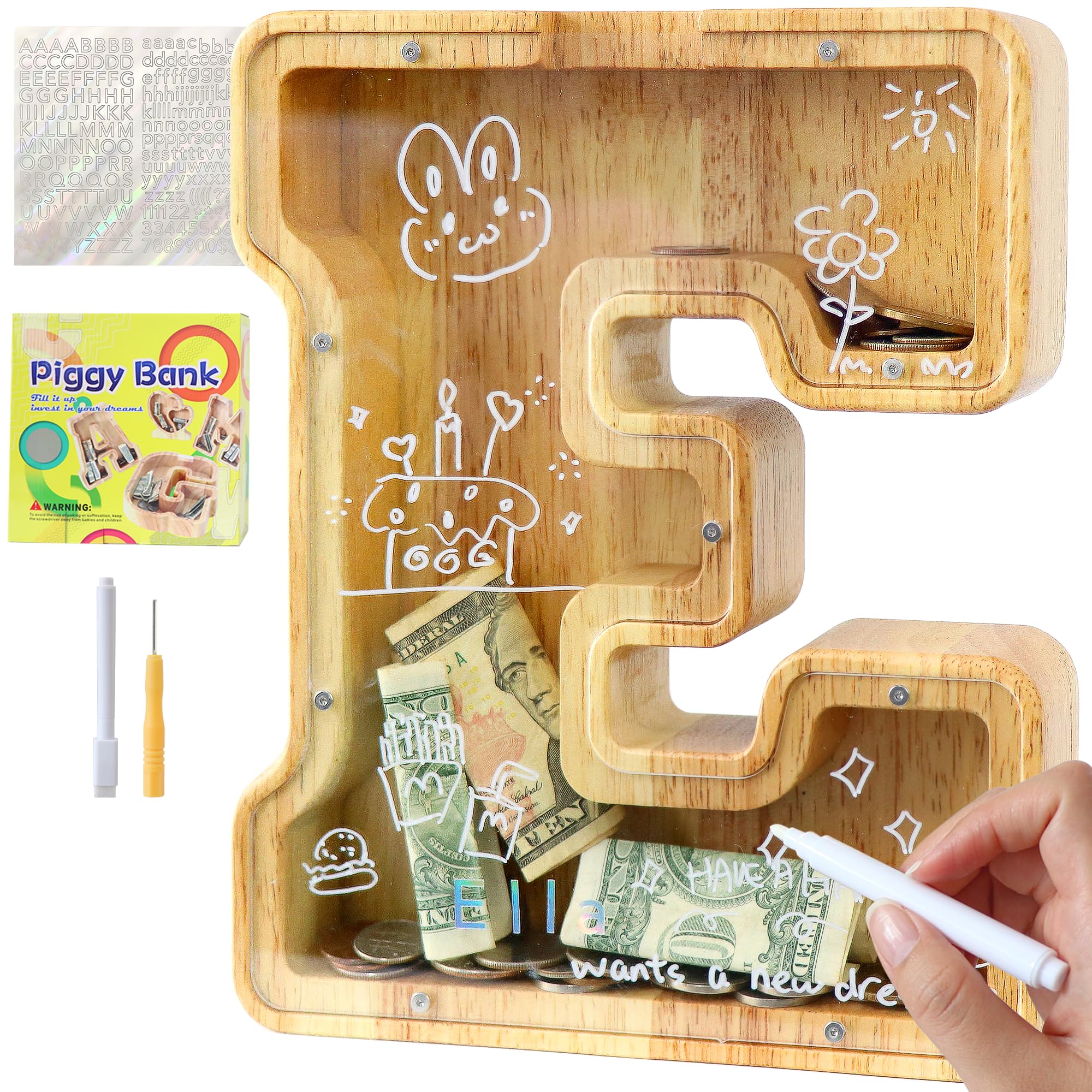 Lakpopya Money Box for Kids Boys Girls Personalised Transparent Wooden Letter A-Z Destination Area Stickers and Markers Christening Gift Decoration (E)