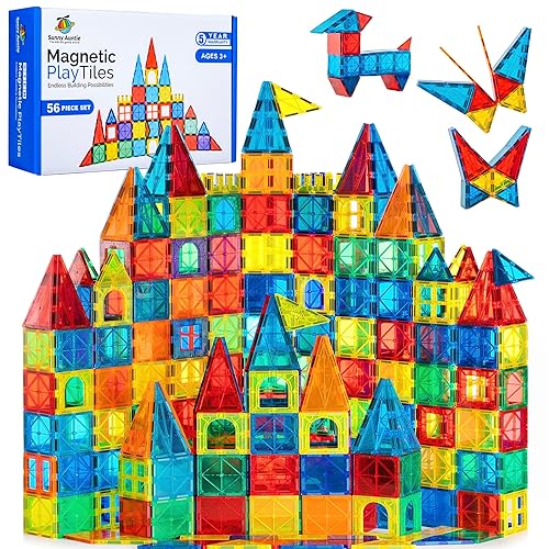 Magnetic Tiles 56 PCS, Magnetic Tiles for Kids & Toddlers Ages 3-8, Magnet Toy for 3 4 5 6 7 8 Year Old Boys Girls Kids & Toddlers, Magnet Blocks Building Set STEM Toy, Great Gift for Kids aged 3-8