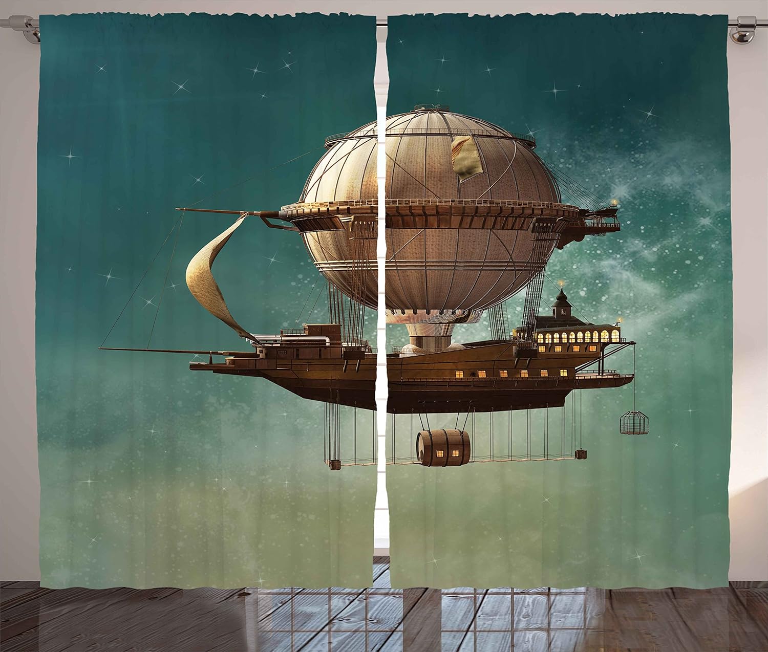 Ambesonne Fantasy Decor Curtains, Surreal Sky Scenery with Steampunk Airship Fairy Sci Fi Stardust Space Image, Living Room Bedroom Window Drapes 2 Panel Set, 108 W X 84 L Inches, Teal and Brown
