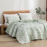 Wonderful Sage Green Floral Quilt Set Queen Size Cotton Stitch Bedding, Lightweight Comforter with Pillow Shams 3pcs Soft Cabin Bedspread Coverlet for All Season