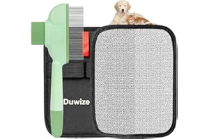 Duwize Flea Comb for Cats & Dogs – Removes Loose Hair, Tangles, Fleas & Dander, with Free Electrostatic Pet Hair Removal Glove for Clothes, Furniture, Carpets & Bedding