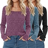 Velvelhall 3 Pack Women's Long Sleeve Shirts, Square Neck Loose Fit Tunic Tops Fall Winter Casual Lightweight Sweaters