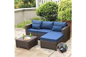 OASISHINE Wicker Patio Furniture Patio Couch 3 Pieces Patio Furniture Set Outdoor Sectional with Ottoman and Outdoor Storage Table with Lining Weathering Non-slip Cushions Waterproof Covers, Navy Blue
