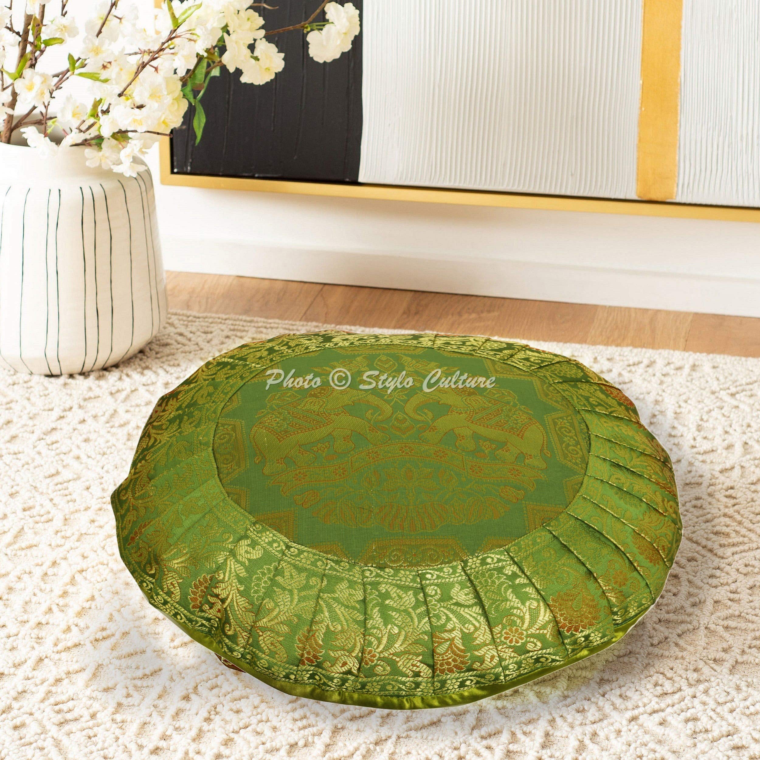 Stylo Culture Indian Round Floor Cushion Kids Throw Pillow Cover Olive Green 43cm x 43cm Jacquard Weave Pleated Boho Elegant 17 Inch Hallway Brocade Elephant Pouf Footstool Cover