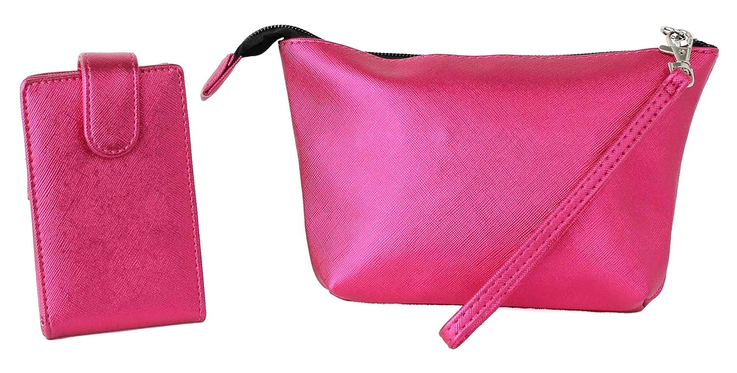LipStick Carrying Case Combo, 1 Mirrored Pouch that holds 4 Lipsticks and 1 Zippered Wristlet with Elastic that holds 16 fits LipSense, Younique, NuSkin (Hot Pink Flip & Wristlet)