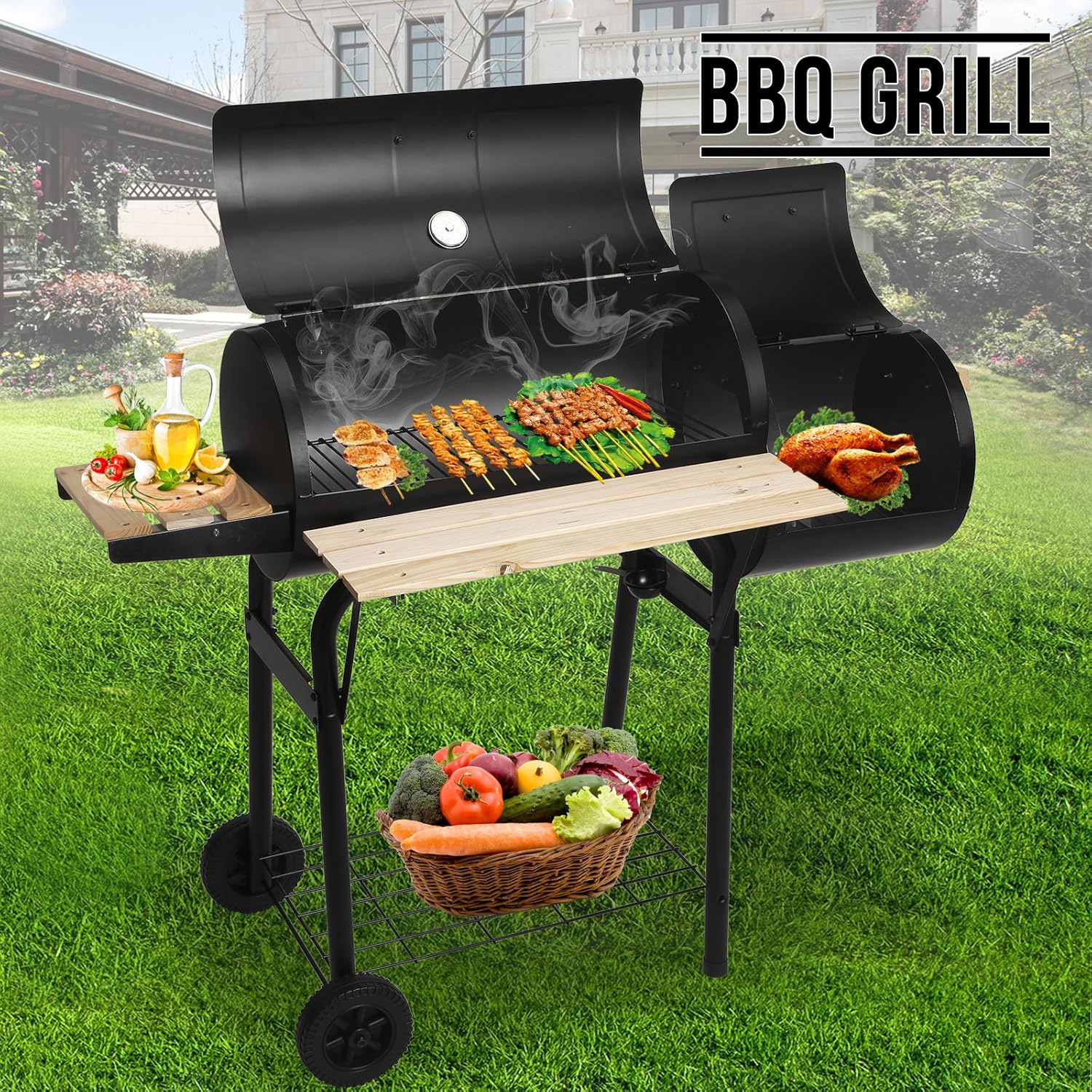 Superworth Trolley Charcoal Barrel BBQ Barbecue Grill Outdoor Garden