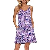MISFAY Women Summer Spaghetti Strap Button V Neck Sleeveless Causal Beach Cover Up with Pocket(Boho Floral Purple,S)