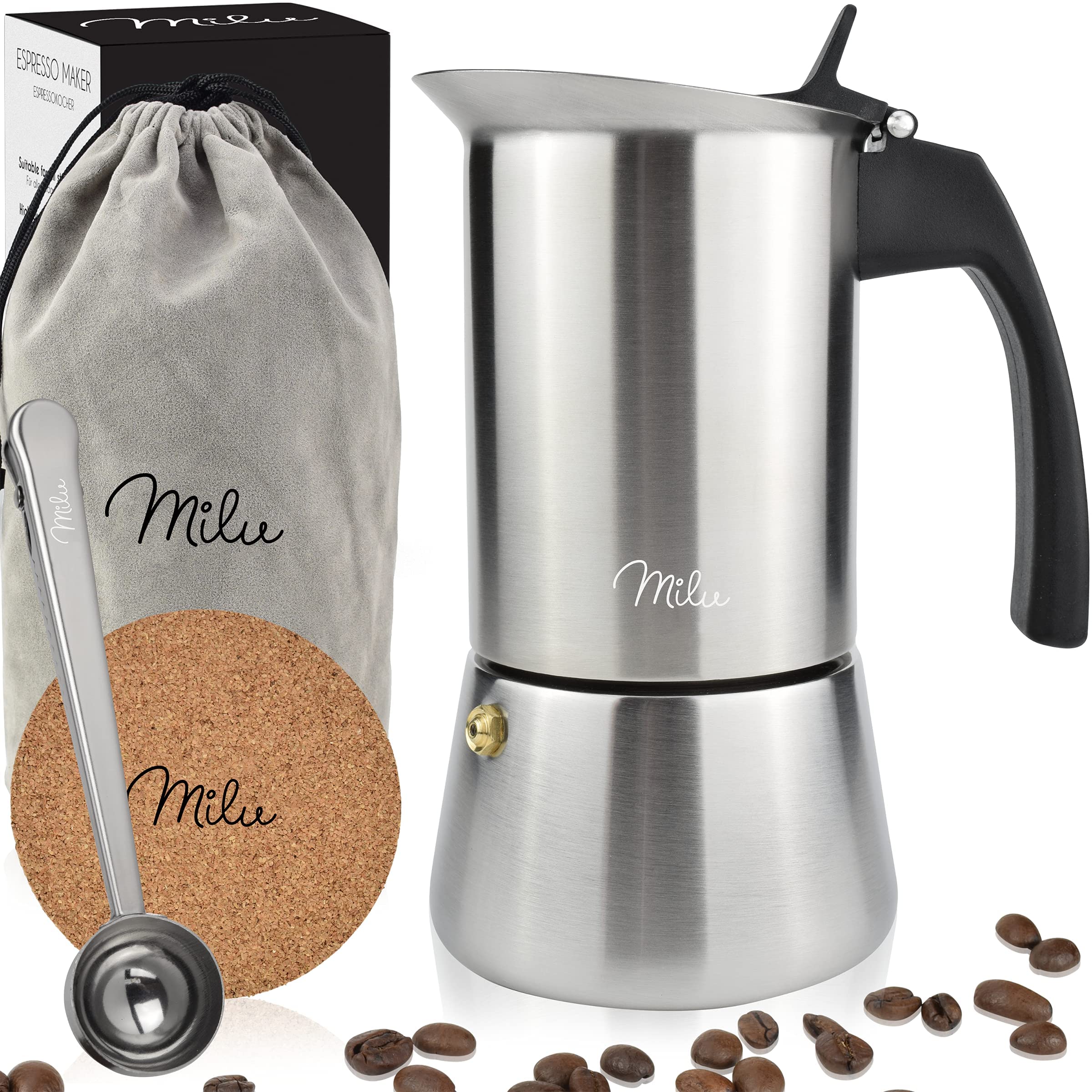 Milu Espresso Maker Induction Hob | 2, 4, 6, 9 Cup| stainless steel Espresso Pot, Stovetop Moka Pot, Coffee Maker, Set including coaster, spoon, brush (6 cups 300ml)