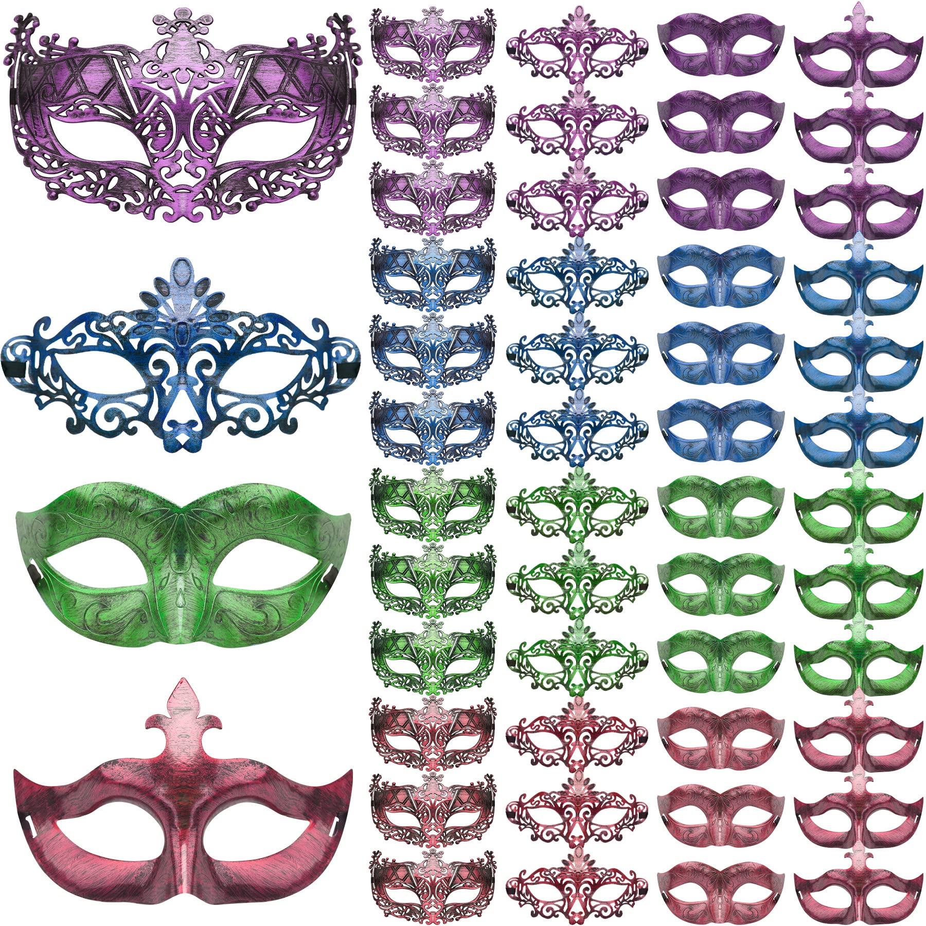 FEQO 48 Piece Vintage Masquerade Masks - Mardi Gras & Venetian Masks for Parties & Festivals (Violet, Blue, Red, Green)